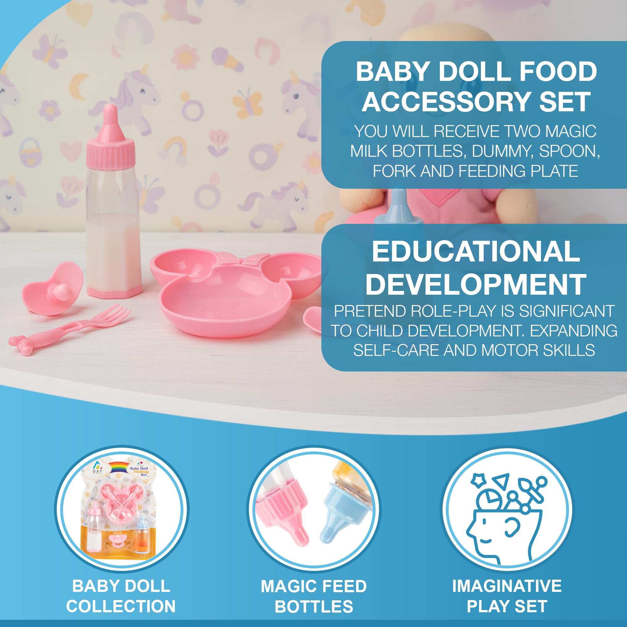 D.A.Y. Republic 6pc Baby Dolls Feeding Accessories with Two Magic Milk Bottles, Dummy, Plate, Fork and Spoon - Image 3