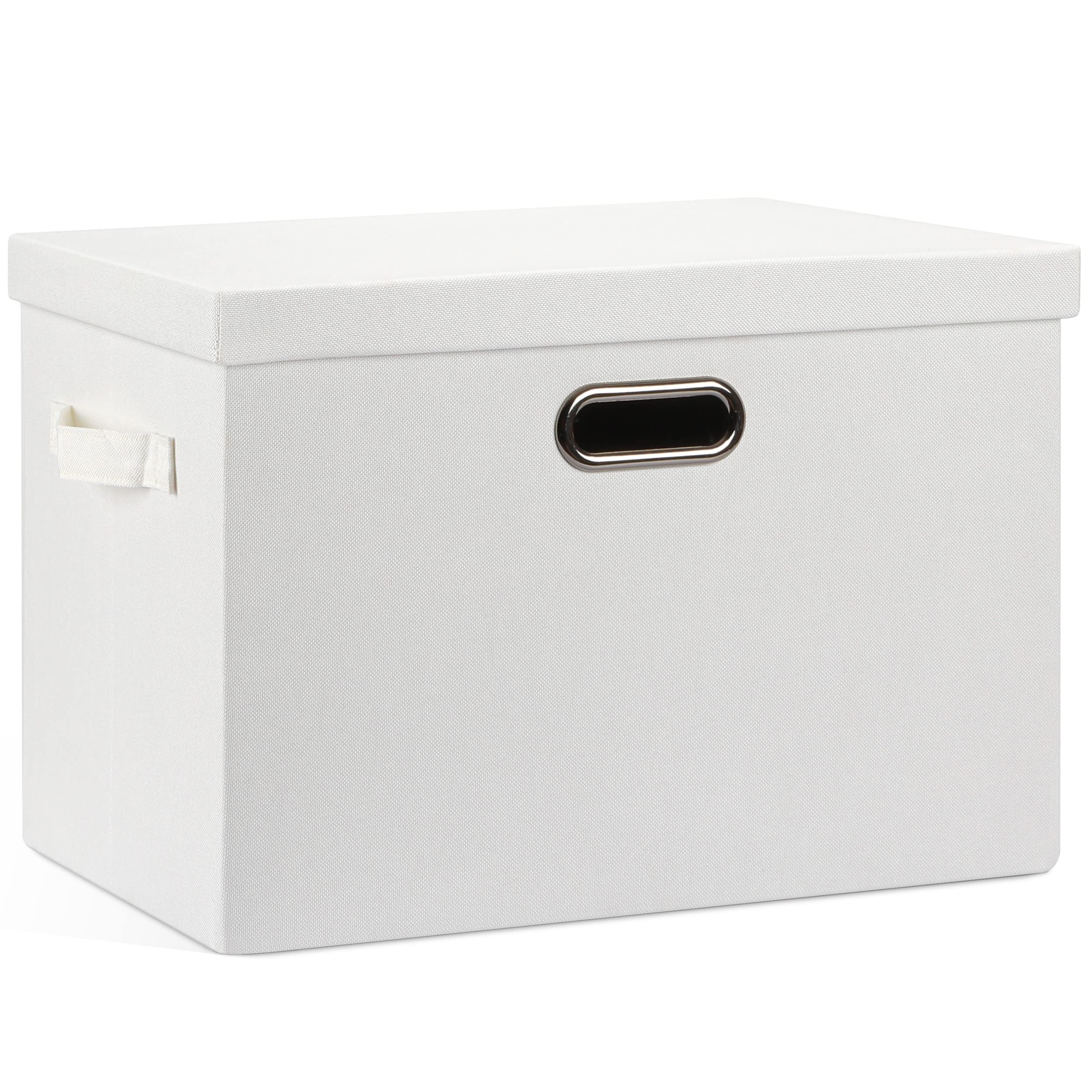 Large 17" 36 Quart Collapsible Stackable Storage Bins with Lids, 1 Pack White Foldable Fabric Closet Storage Boxes with Lids, 4 Handles Heavy-duty Linen Cube Baskets for Bedroom