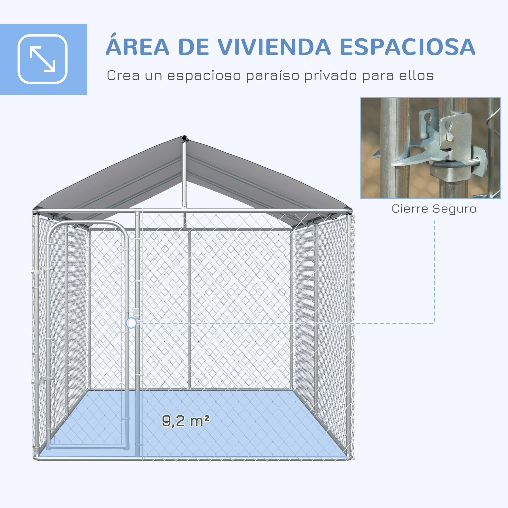 PawHut Perrera de Exterior con Toldo Anti-UV Impermeable Parque para Perros con Puerta con Pestillo y Marco de Metal Galvanizado para Patio Jardín Terraza 4x2,3x2,3 m Plata