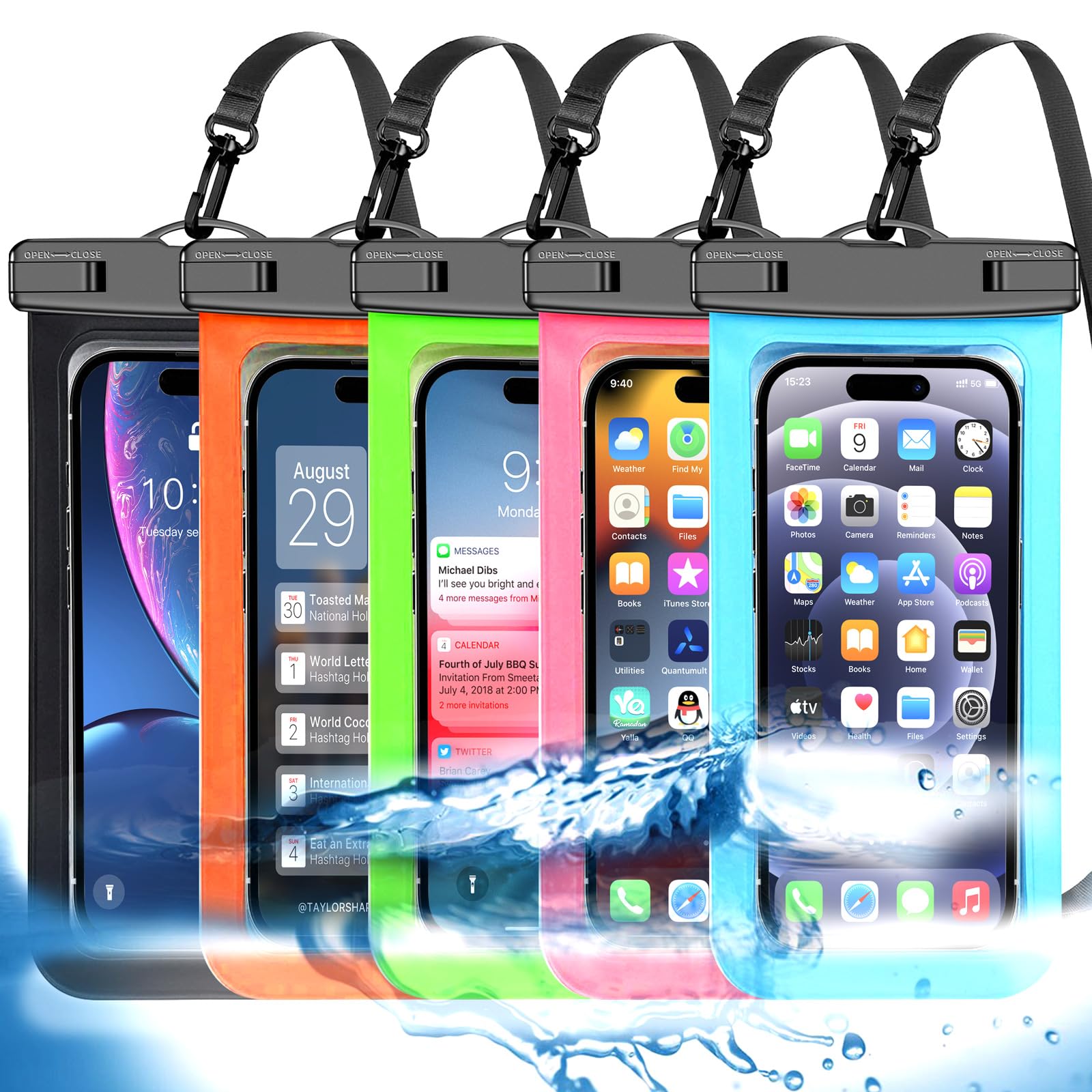 Famoby Up to 8.3" 5 Pack Multicolor Universal Waterproof Phone Pouch, Phone Waterproof Case Dry Bag,Protection Level: IP68,Outdoor Sports for Apple iPhone,Samsung,and More,Black,Blue,Pink,Orange,Green