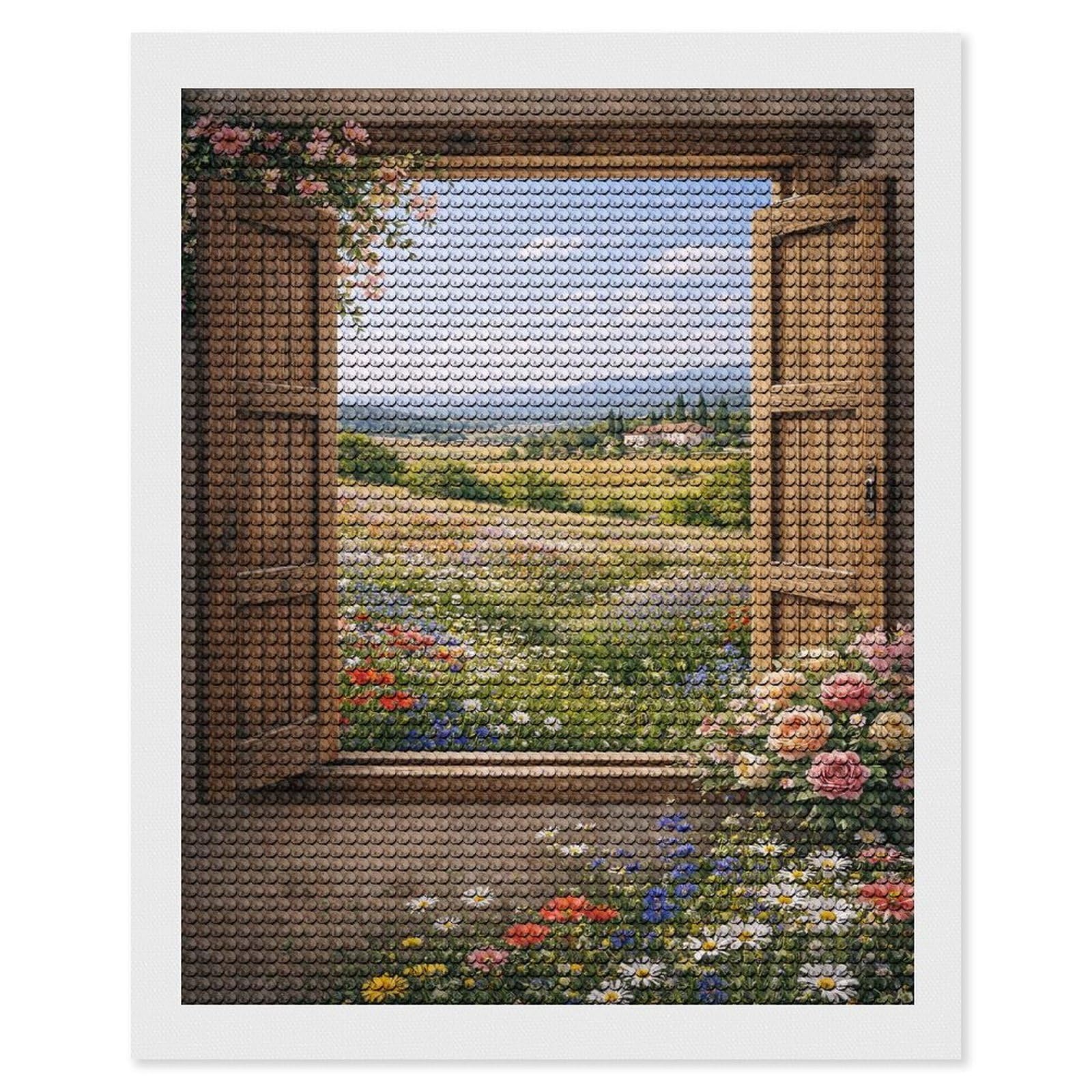 Junmoney Tuscan Window View with Wildflowers Diamond Art Kit 16"x20", Vintage Style Decor, Stress Relief Craft, Decor Project, Relaxing DIY, Creative Hobby