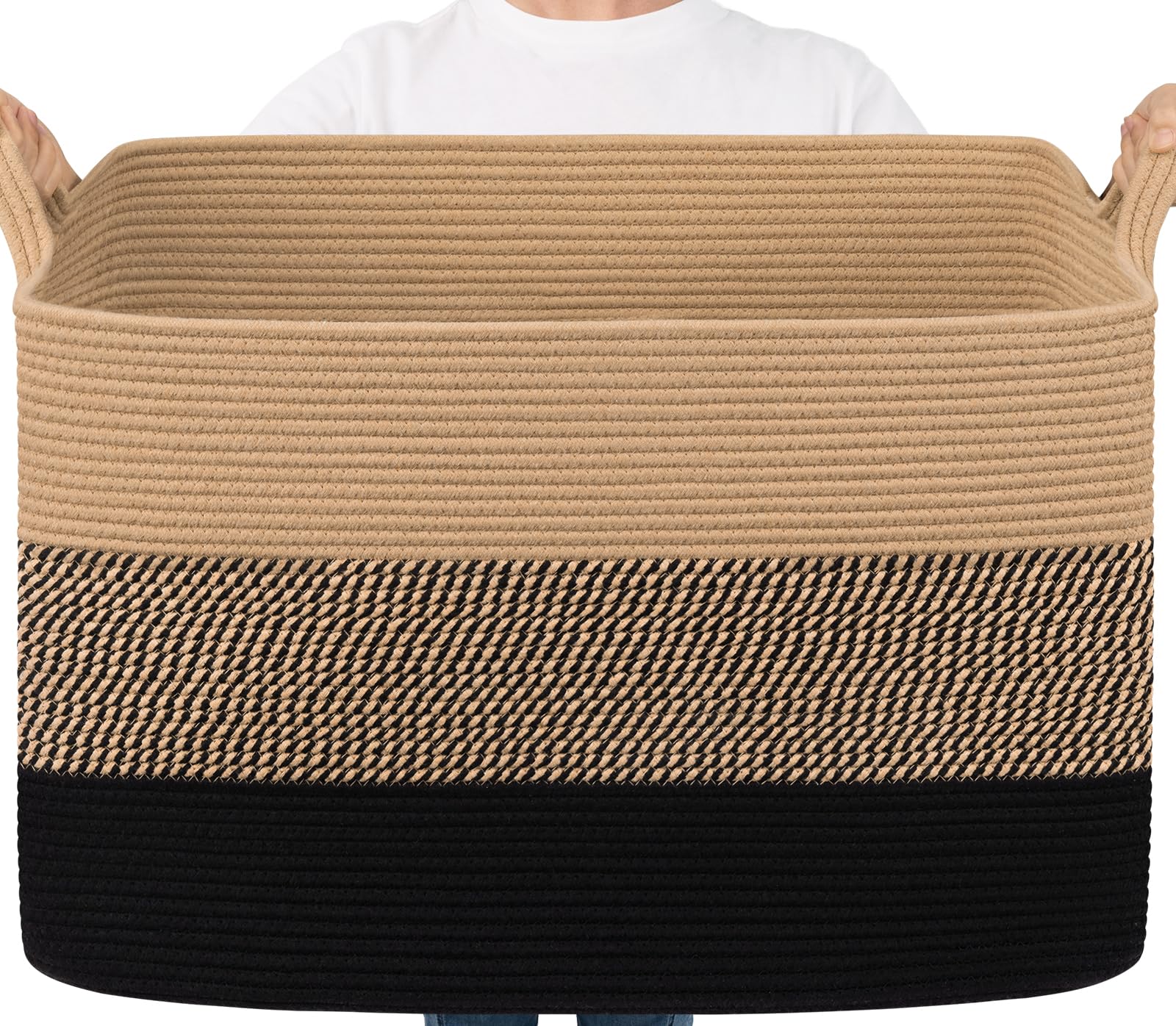Goodpick 105L Extra Large Woven Rope Blanket Basket, Rectangle, Black Jute | 25'' x 16'' x 16'' Storage Basket for Blankets, Pillows &amp; Toys, Living Room &amp; Bedroom Organization, Reinforced Handles