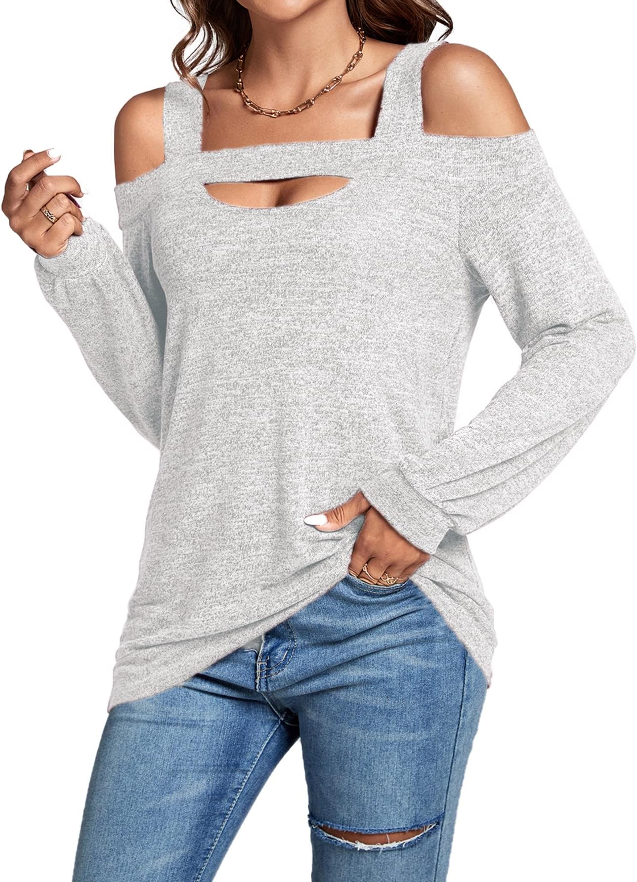 LYANER Women's Casual Cold Shoulder Hollow Out Solid Long Sleeve Blouse Tunic Shirts Top