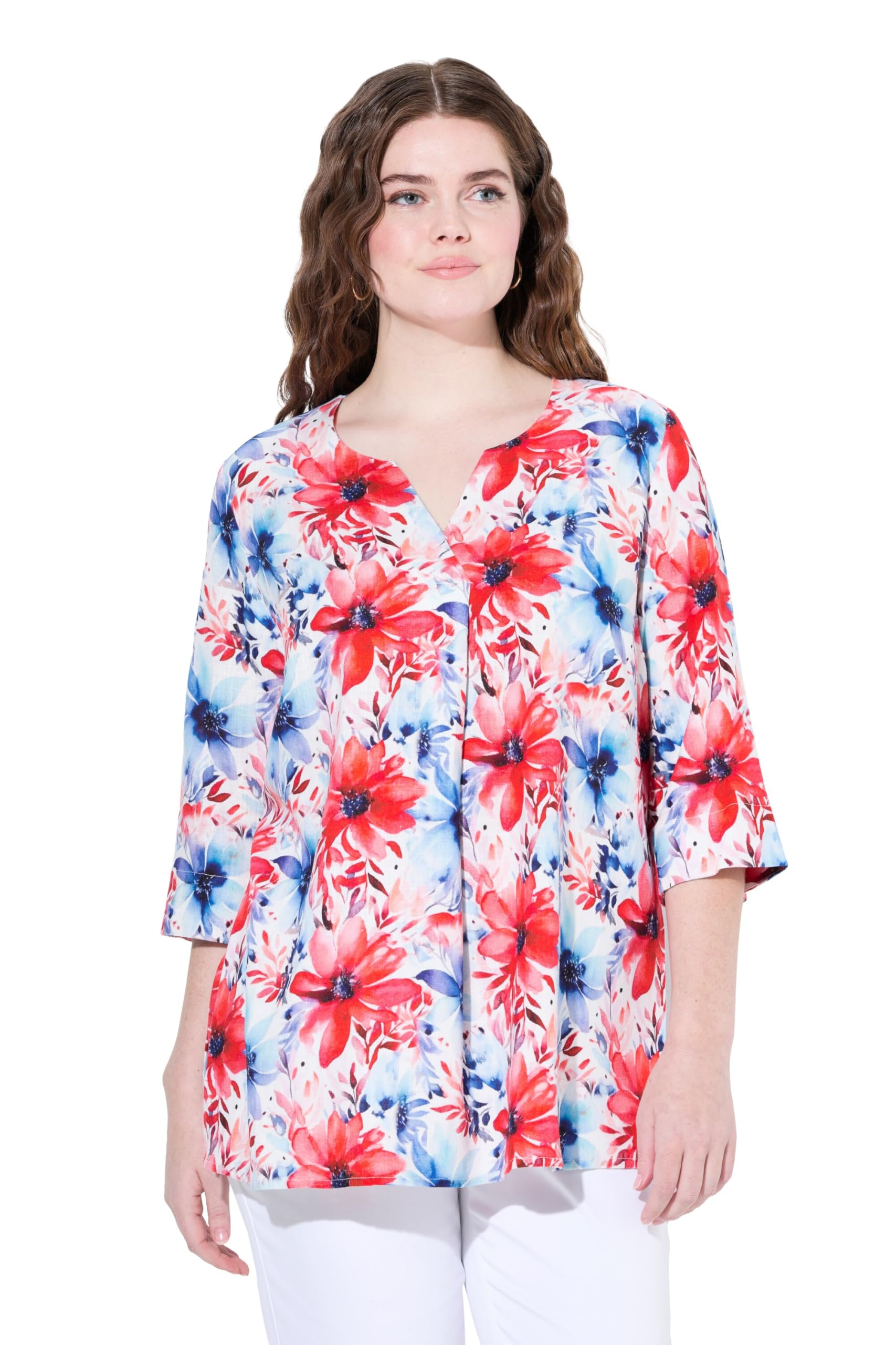 Ulla Popken Damen große Größen Übergrößen Plus Size Leinenmix-Bluse, A-Linie, Tunika-Ausschnitt, 3/4-Arm 837717