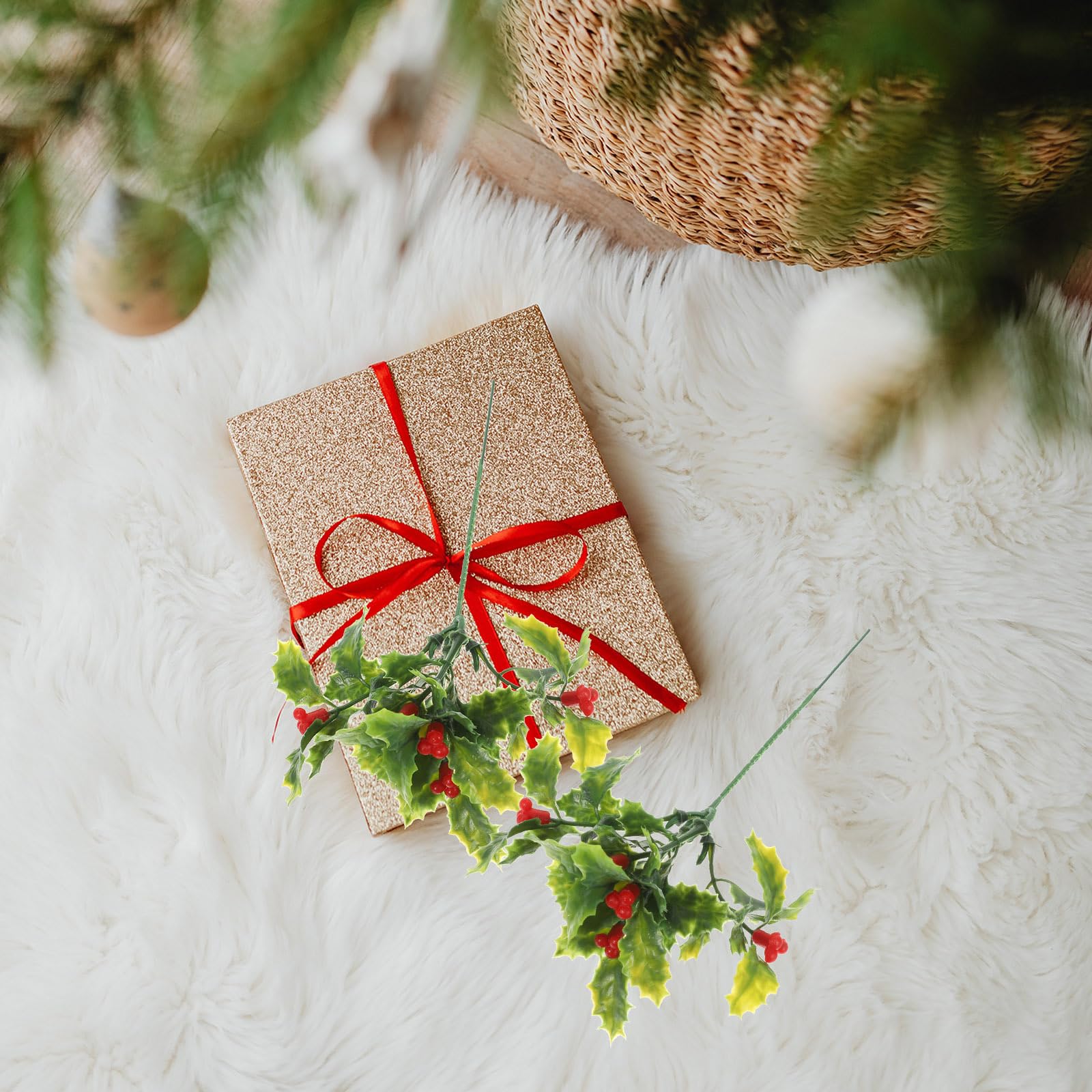 12 púas de Navidad Artificiales de Pino de Navidad, Tallos de Bayas Rojas, Hojas de Acebo para arreglos de, decoración de Invierno