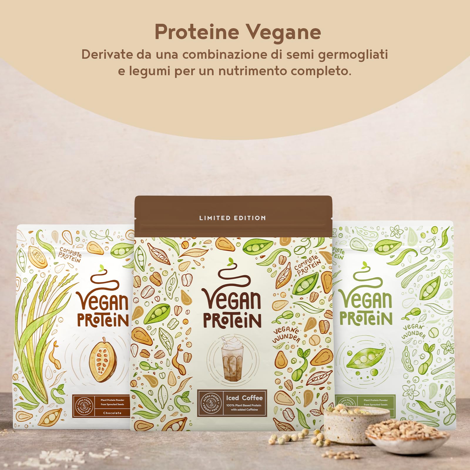 LIMITED EDITION Proteine in Polvere Vegane | Gusto Caffè Freddo | 18g Proteine Vegetali Isolate in Polvere di Pisello, Riso e Girasole | Massa Muscolare | 600g Vegan Protein Powder | Alpha Foods