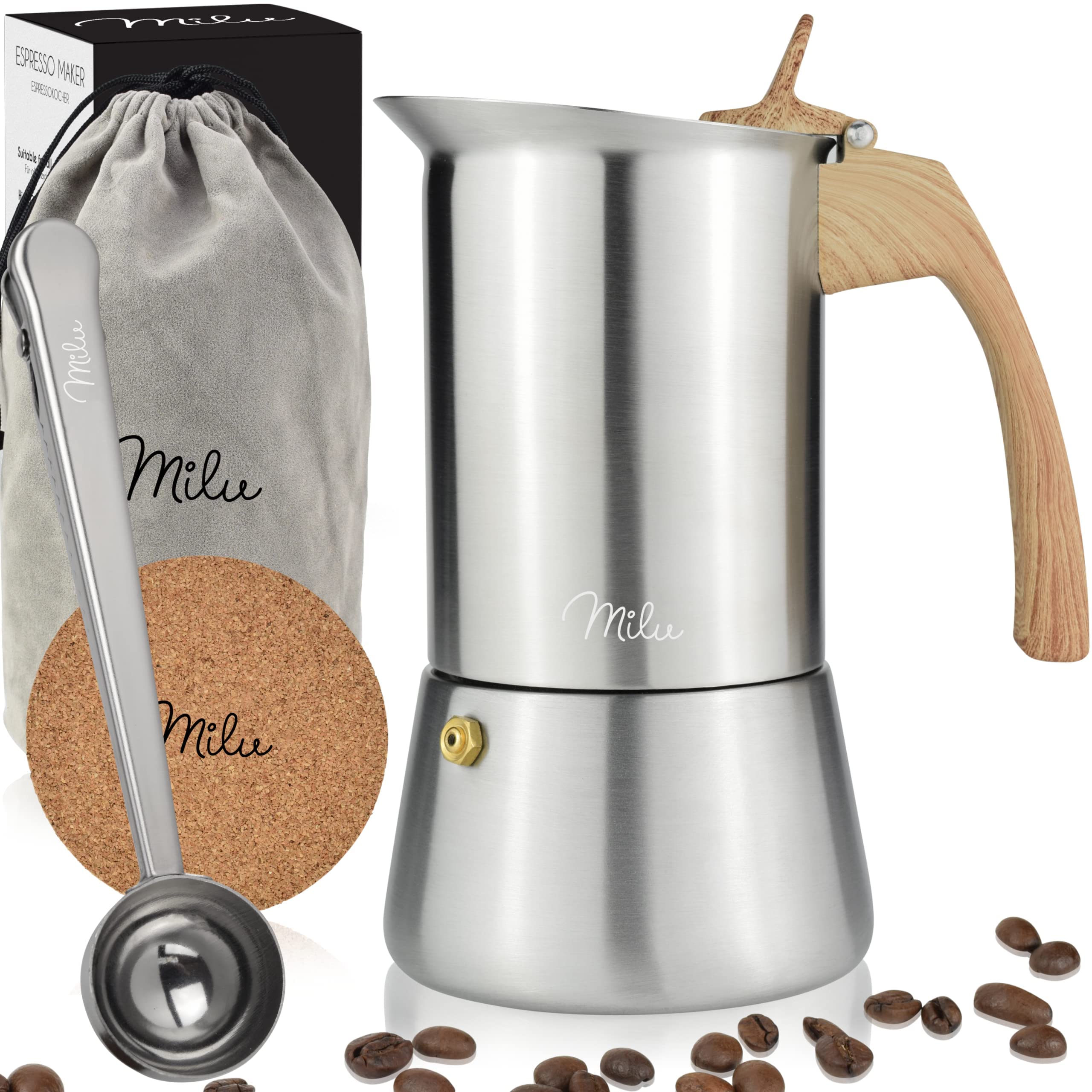 Milu cafetière Italienne Induction | 2, 4, 6, 9 Tasses | Cafetière Moka en INOX, Espresso Maker Acier Inoxydable, Ensemble comprenant un sous-verre, une cuillère (Aspect bois, 4 tasses (200ml)