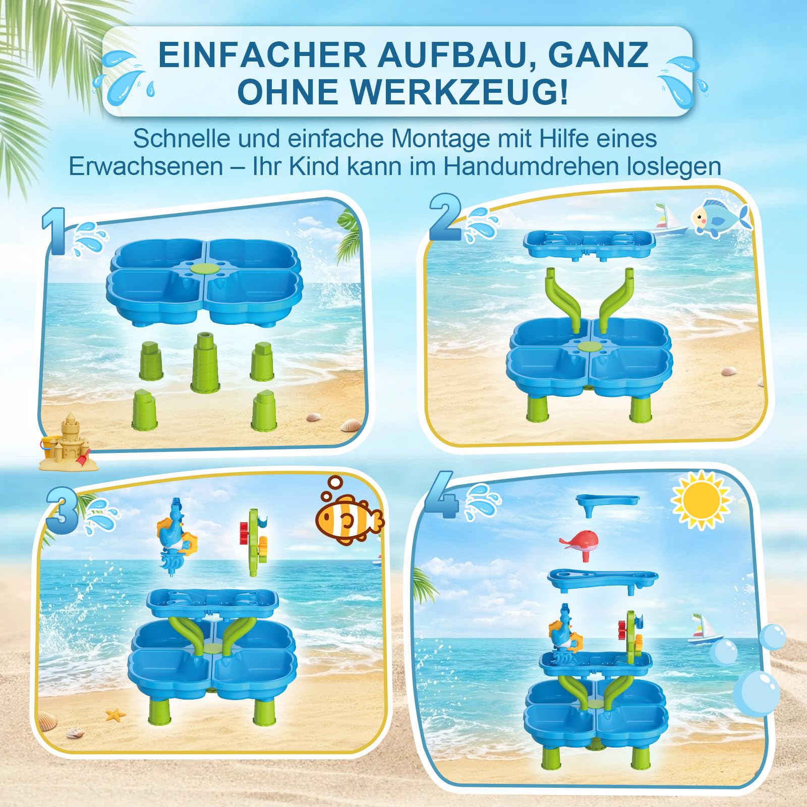 Wasserspieltisch Kinder, 4-stufiger Sand- und Wasserspieltisch mit Sandkasten-Zubehör, Großer Wassertisch für Garten, Strand und Sommer, Wasserspielzeug für Kinder ab 3 Jahren