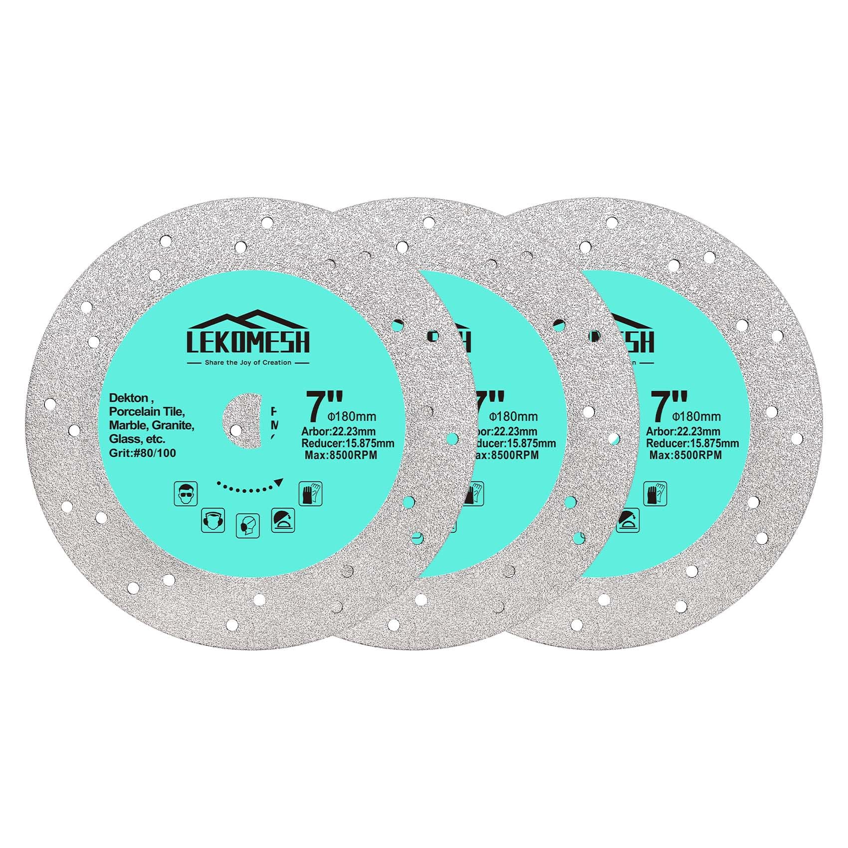 LEKOMESH Tile Cutting Disc - 180MM Glass Cutter Disc(3pcs), Granite Cutting Blade, Diamond Grinder Wheel for Rock Slab, Stone, Tile, Marble, Granite, Glass Diamond Saw Blades