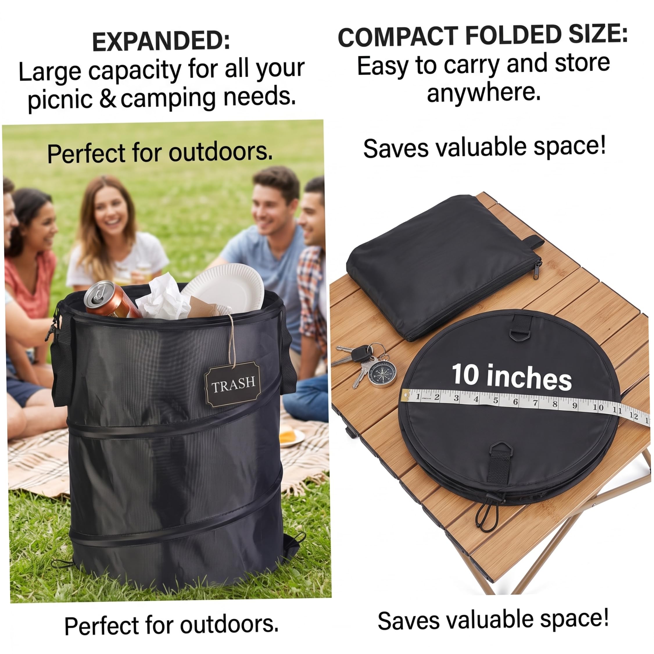 Pattumiera da campeggio, pattumiera pieghevole portatile con chiusura a clip, tessuto Oxford impermeabile per barbecue da picnic all'aperto, spazzatura da campeggio nera