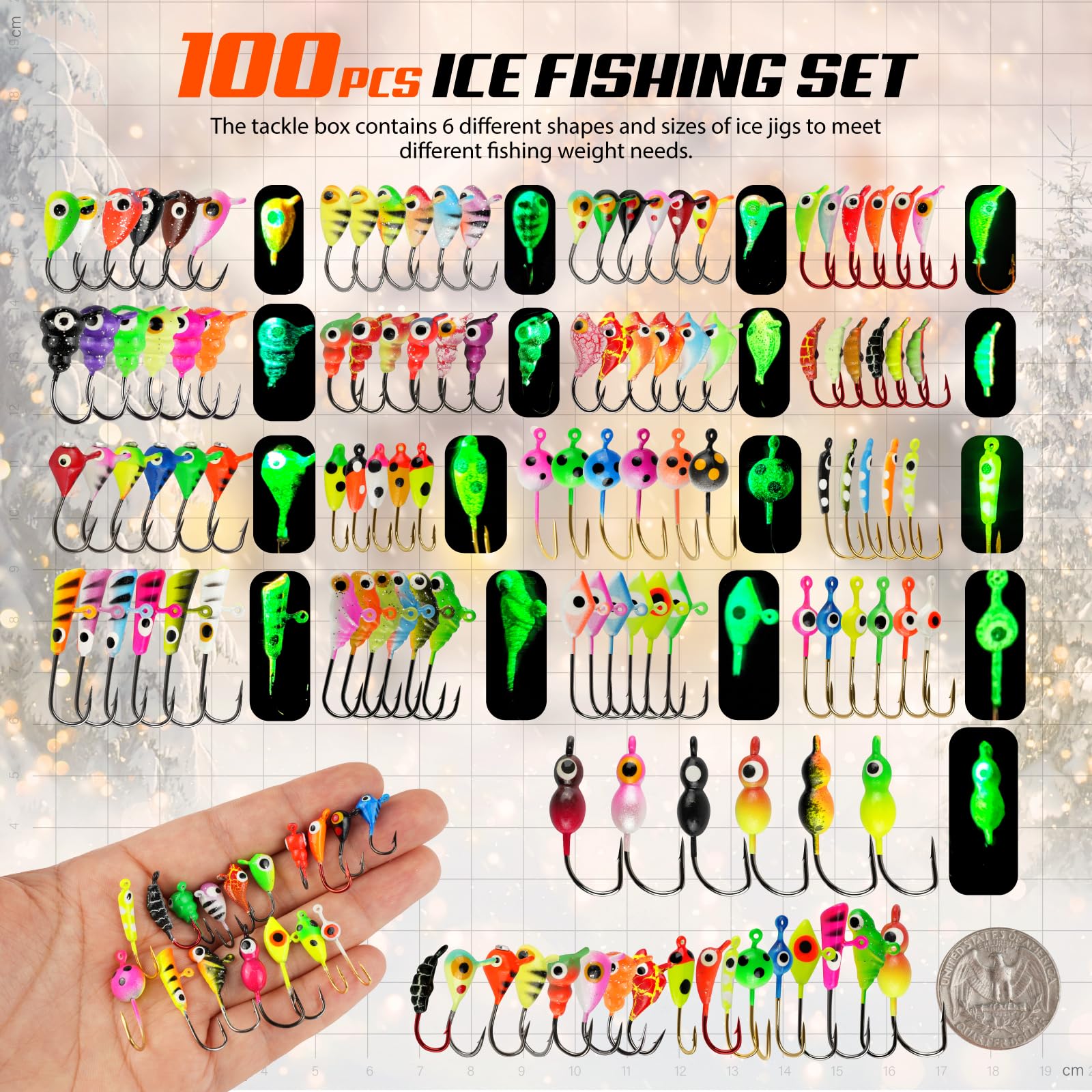 Kit di esche da pesca sul ghiaccio, 36/60/100 pezzi, set di ami per pesca su ghiaccio invernale, panfish, pesce persico, trota, bluegill, glaucomi, Crappie Ice Fishing Lures Set con scatola
