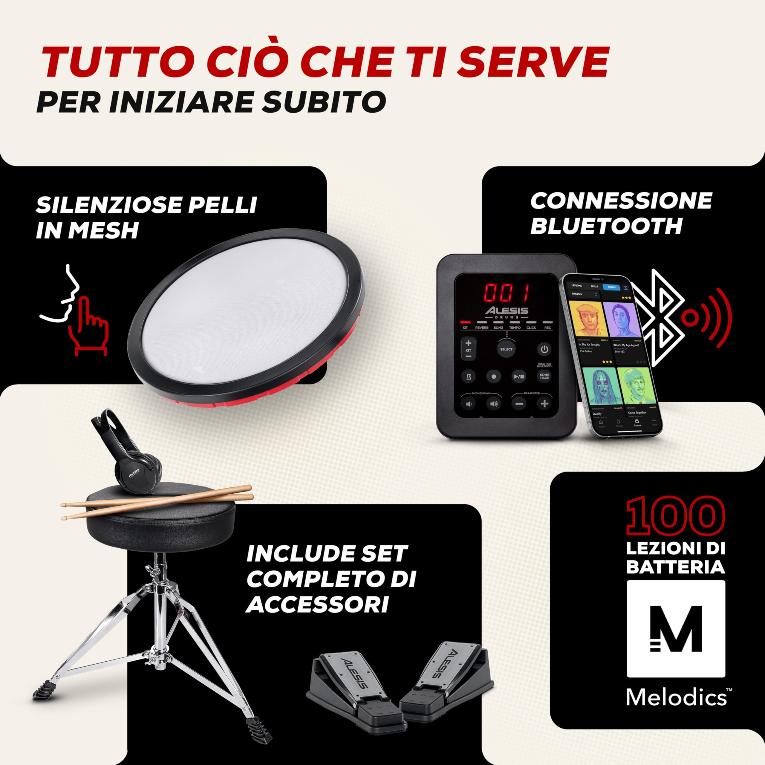 Alesis Turbo Max Batteria Elettronica Pieghevole 8 Pollici Pad Mesh Silenziosi Bluetooth