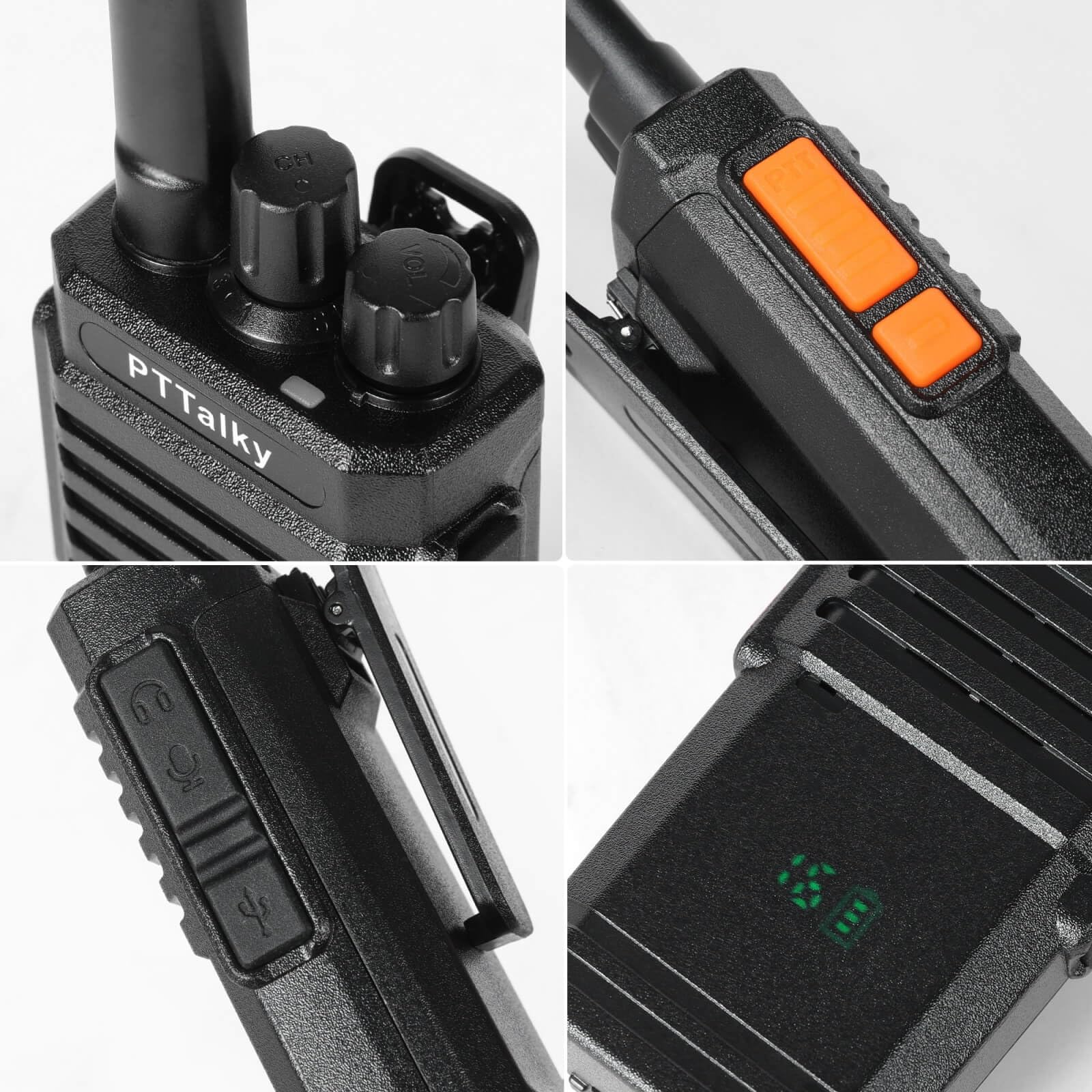 PTTalky PR2 Plus Walkie Talkie mit Display 4 Stück with 4-Kanal-Ladegerät | Wiederaufladbares PMR funkgerät 16 Kanäle CTCSS/DCS walki talki Erwachsene