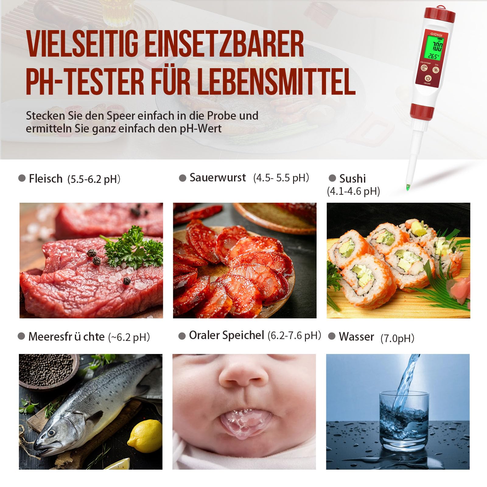 pH Messgerät für Lebensmittel,GIDIGI Digitaler pH Tester für Lebensmittel，Präzise pH Testkits für die Konservierung mit ATC, professioneller pH Teststift für die Gärung, Speer pH Sonde für Brotkäse