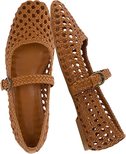 CUSHIONAIRE Weston Women’s Hand Woven Dressy Ballet Flats – Faux Leather Mary Jane with Adjustable Strap & Memory Foam, Cognac 7.5