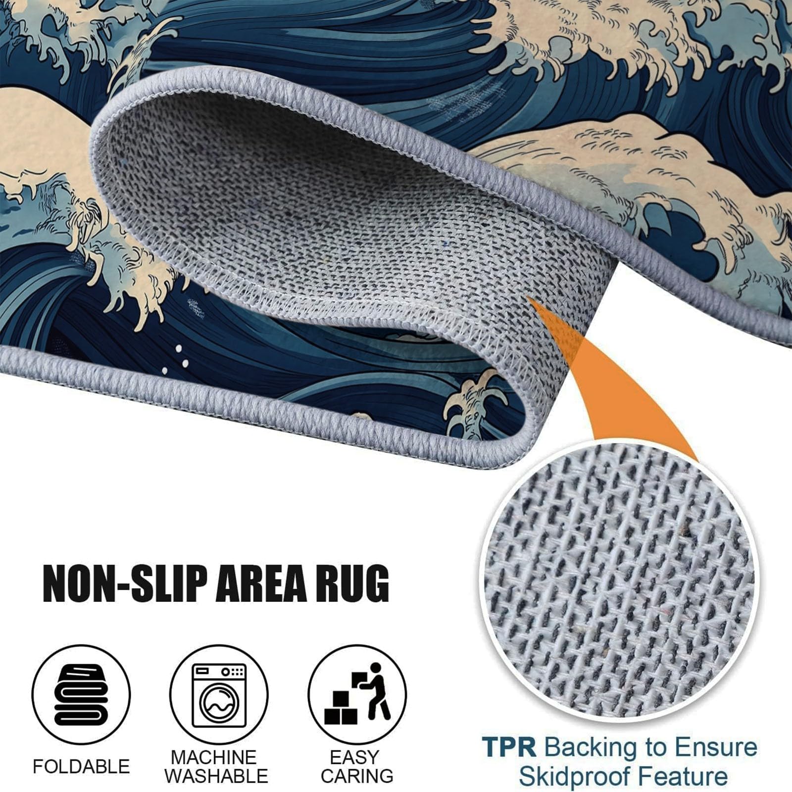 Tapis Poils Ras Motif Vagues À La Japonaise Tapis Salon Chambre Adulte Salle à Manger Bureau Tapis Imprimé à Poil Court Doux Fin Lavable 140 x 200 cm, Bleu Blanc