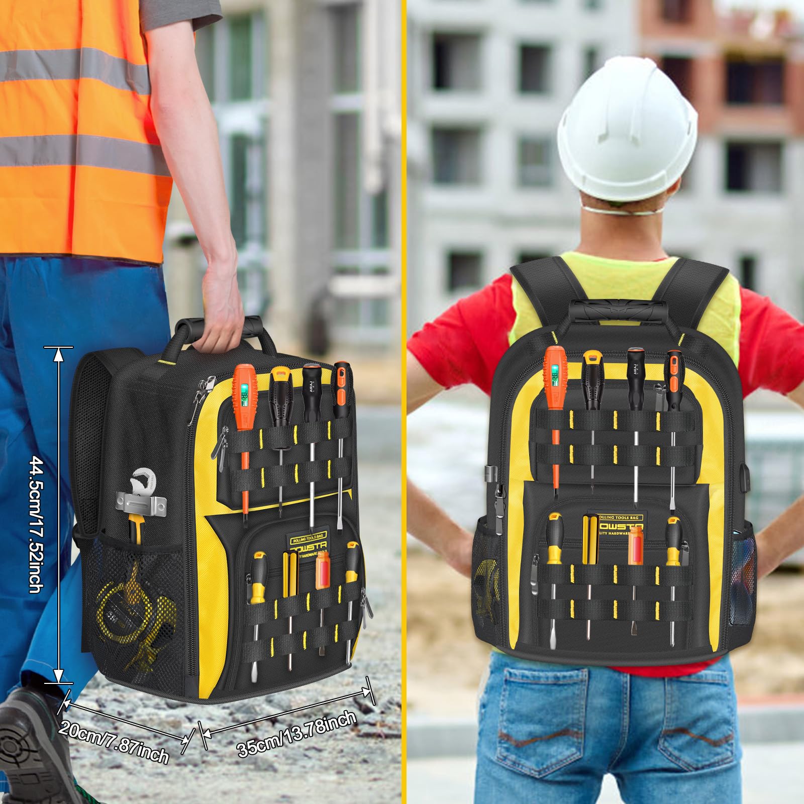 18"Mochila Para Herramientas con Puerto USB, Mochila para Herramientas Impermeable Para Hombres con 23Bolsillos,Correas Ajustables Para Los Hombros,Para Electricistas y Técnicos de Reparación