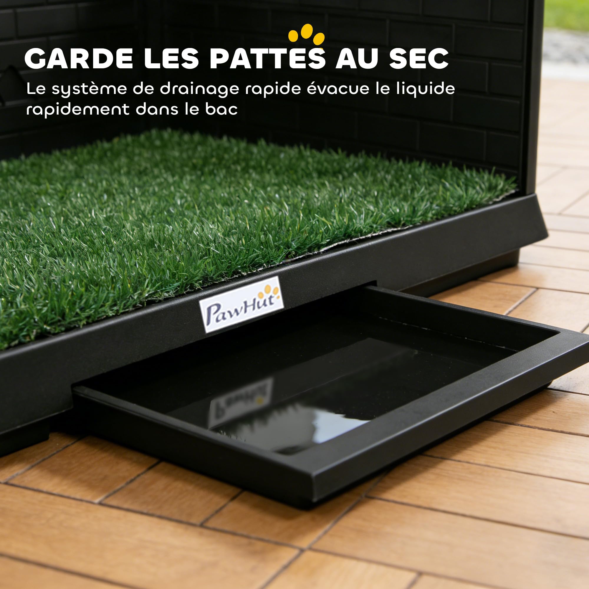 PawHut Toilette pour Chien avec Gazon Artificiel, Parois Hautes et Plateau Coulissant, Bac à Litière pour Chien avec Système de Drainage, 75x51x36,5cm, Noir