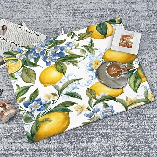 Miniatura 4 de Tapete de secado de platos de limón amarillo para decoración de encimera de cocina, 18 x 24 pulgadas, absorbente floral, reversible, de microfibra,