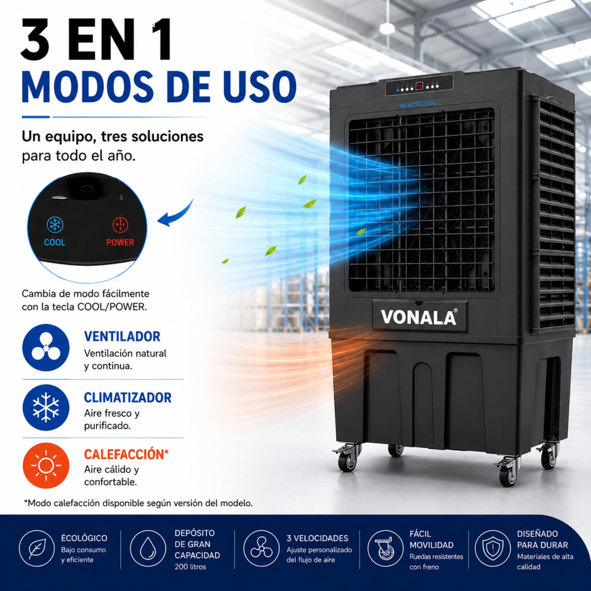 Climatizador Evaporativo Industrial VONALA BLACKOOL20 – Enfriador de Aire Profesional, Depósito 150L, Caudal 20000 m³/h, Cobertura 200m², 500 W, Climatizador Industrial Portátil
