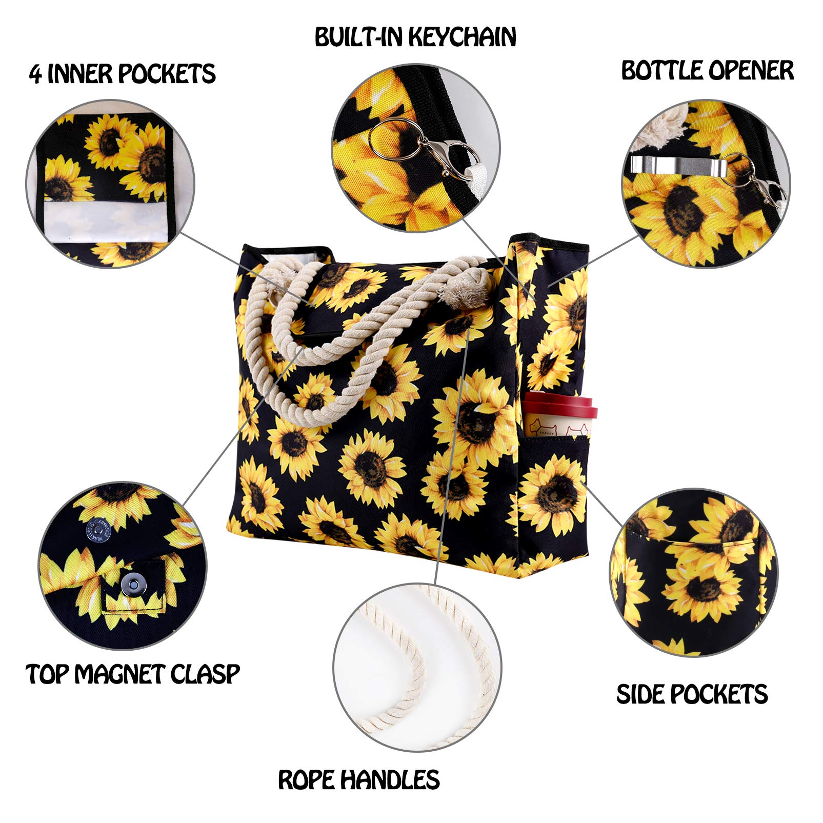 Women Beach Bag Large Waterproof Sandproof, Black Sunflower Floral Extra Canvas Pool Tote with Zipper, Pockets, Travel Gym Yoga Swim XL Essentials Family Accessories Oversized Stuff Vacation Supplies
