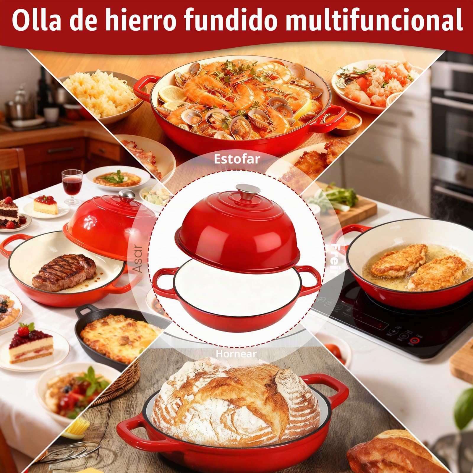 Olla de Hierro Fundido Esmaltada 5,7L Oval, Dutch Oven 26 cm con Tapa, Asas de Madera y Accesorios para Pan, Horno hasta 260°C, Todas Vitrocerámicas e Inducción