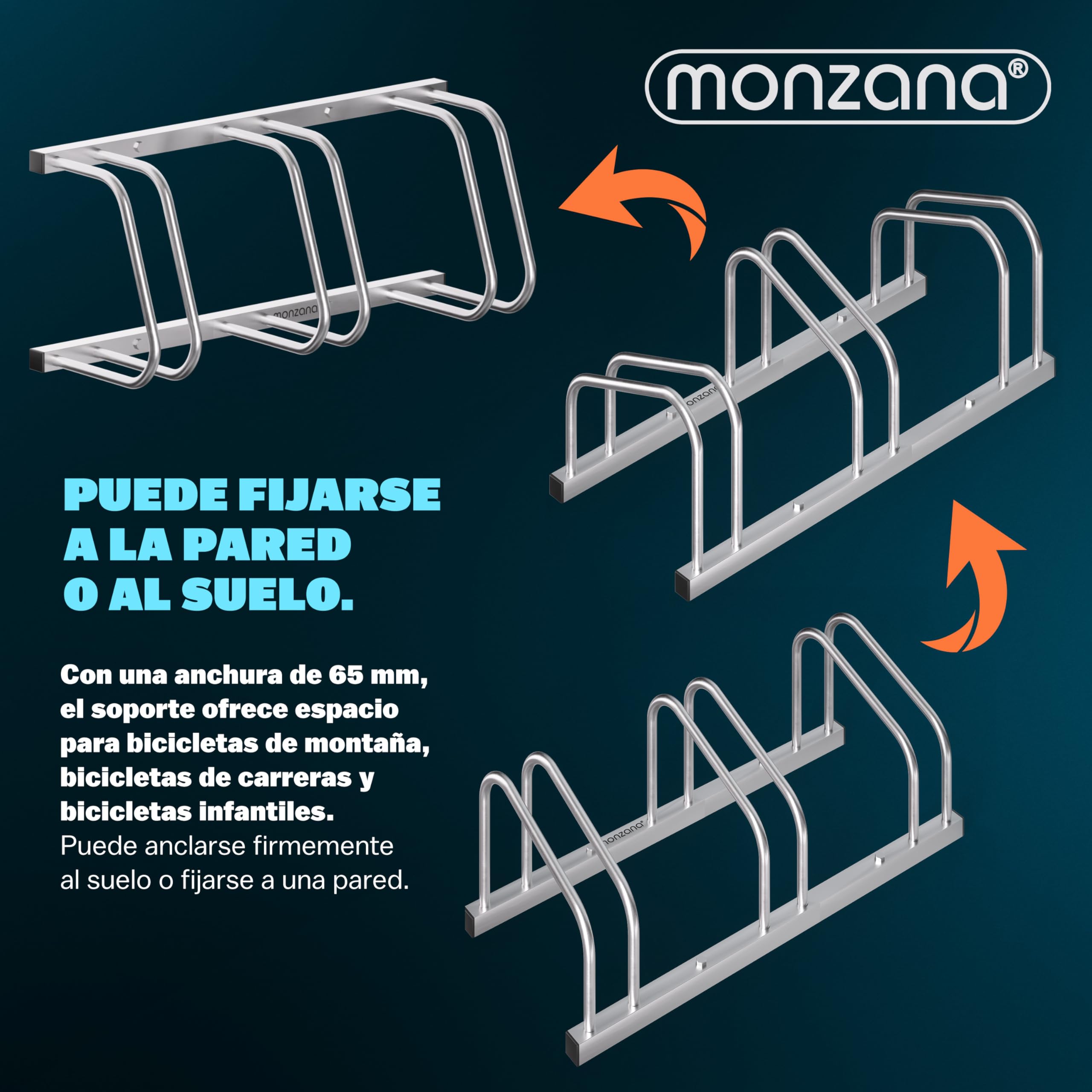 Monzana® Soporte para Aparcar Bicicletas, Aparcamiento Estacionamiento 3 Bicis, Parking Bicicleta 30-65mm, Guarda Bici Interior Exterior, Montaje Pared Suelo, Aparcabicicletas, Portabicicletas
