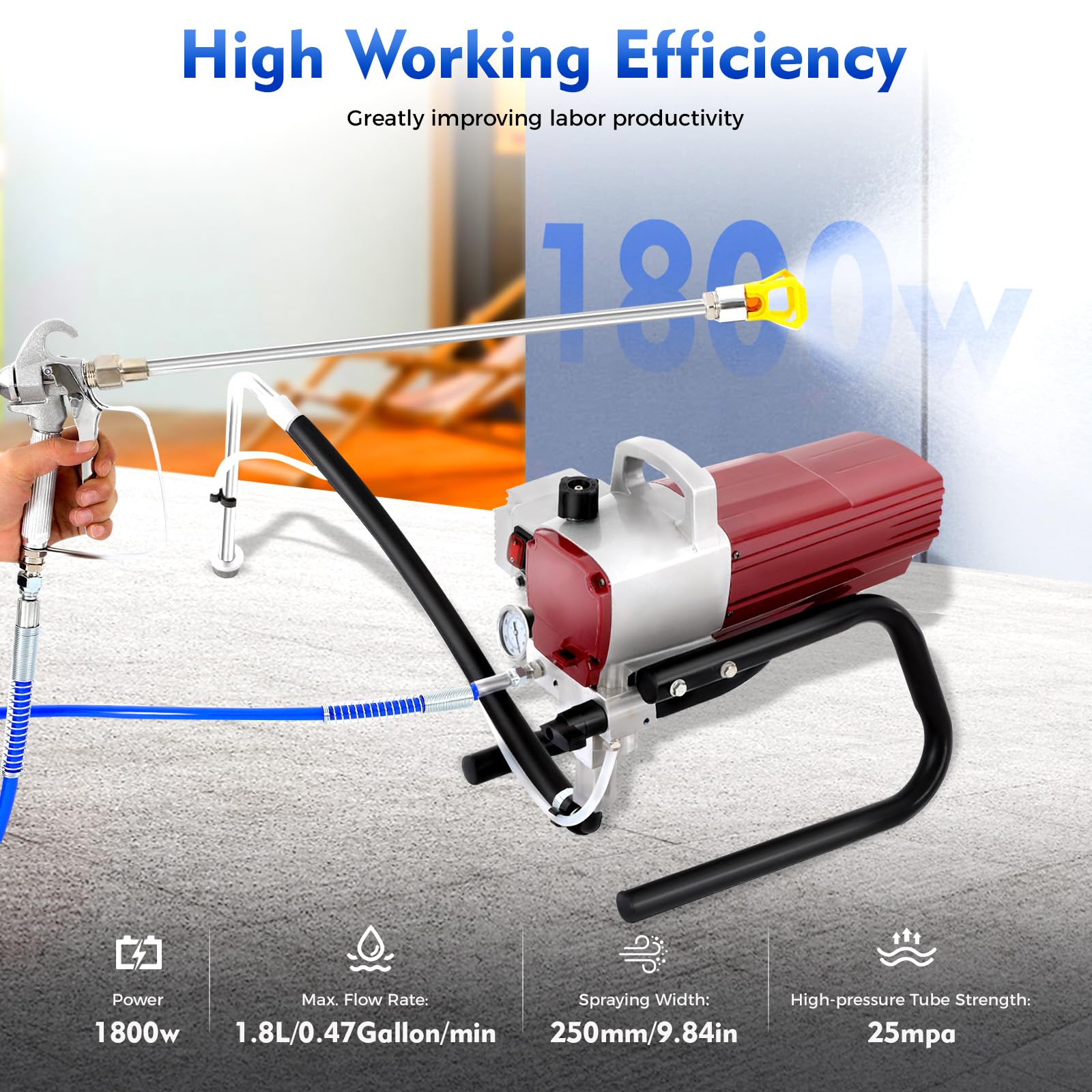Airless spruzzatore a parete, 1800 W, macchina per verniciatura a spruzzo con tubo ad alta pressione da 13 m, larghezza spruzzo 250 mm, pistola a spruzzo per dipingere pareti