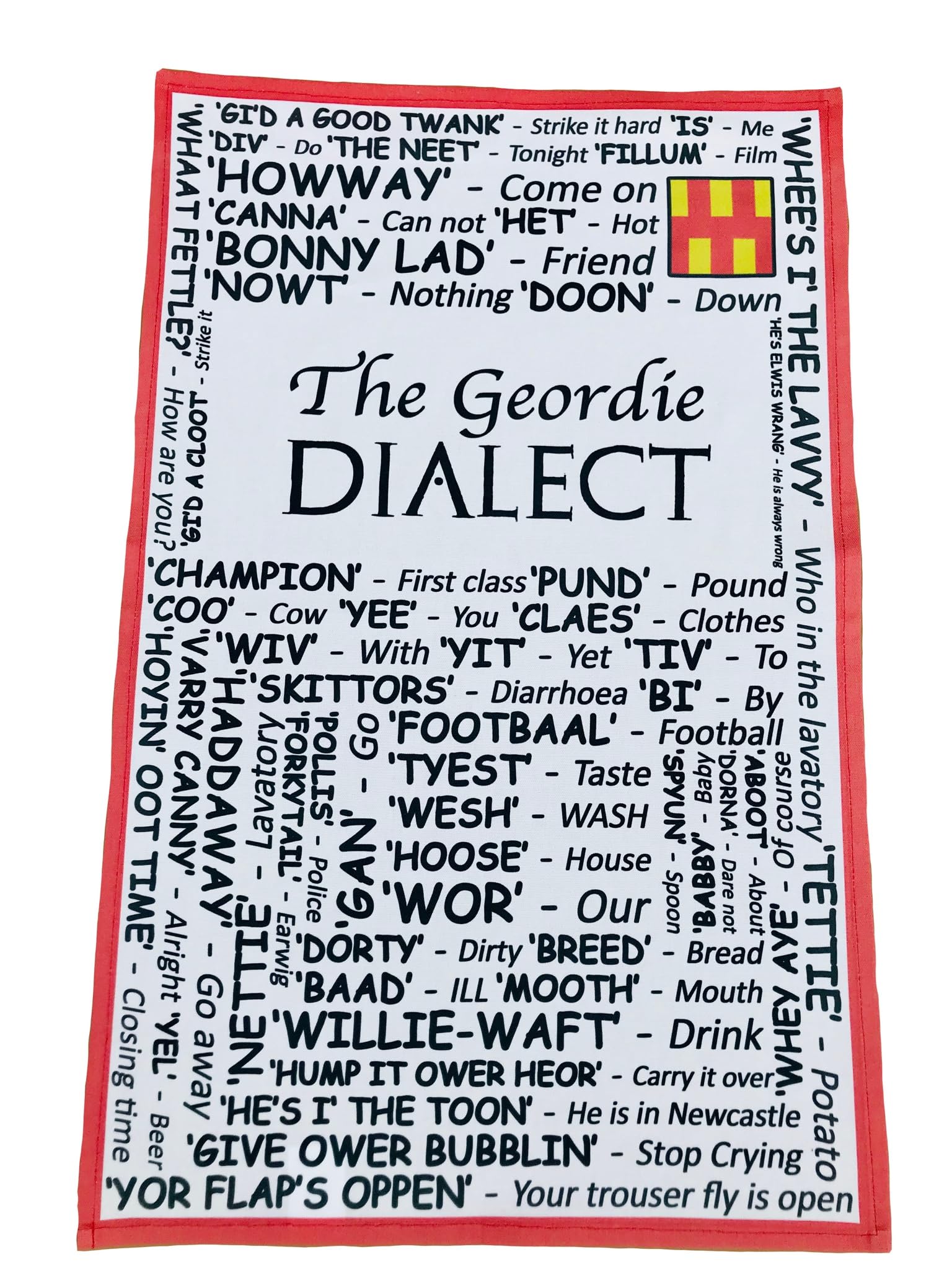 D&A Gifts White Red Geordie Dialect Tea Towel 100% Cotton - Great Newcastle Gift - Geordies Geo-Tt
