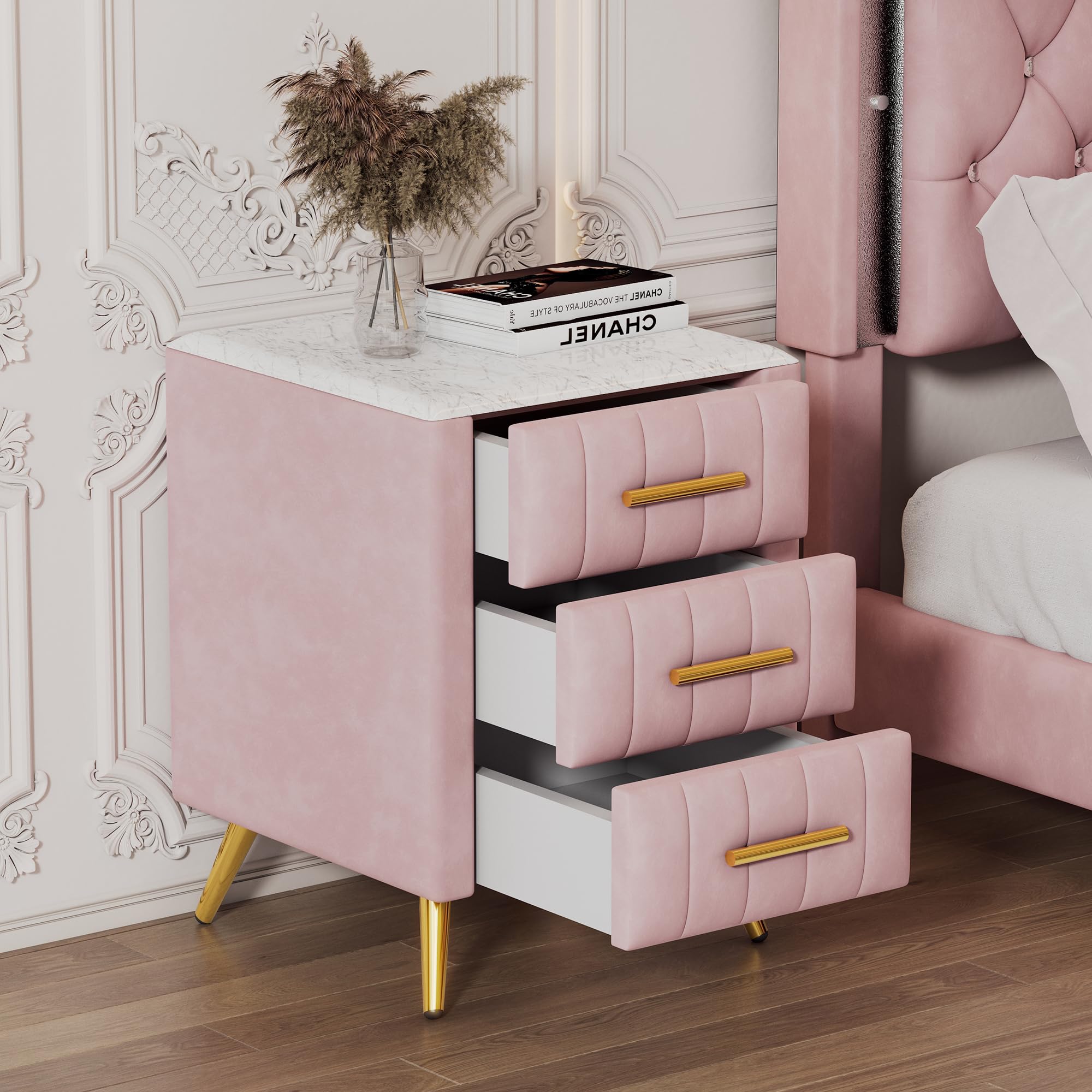 HEPMIMZHU Upholstered Wooden Nightstand with 3 Drawers and Metal Legs&Handles, Bedside Table with Marbling Worktop (Pink2)
