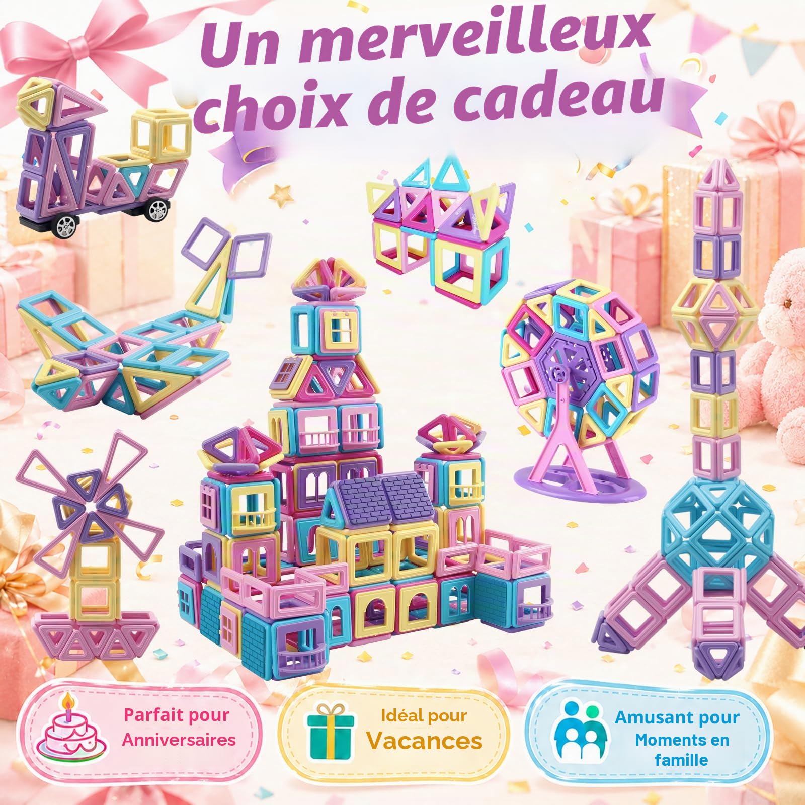 Blocs Magnétiques pour Enfants 173 Pièces Mini Tuiles de Construction Magnétiques Couleur Macaron Blocs de Construction 3D Jouets Éducatifs STEM pour Filles et Garçons