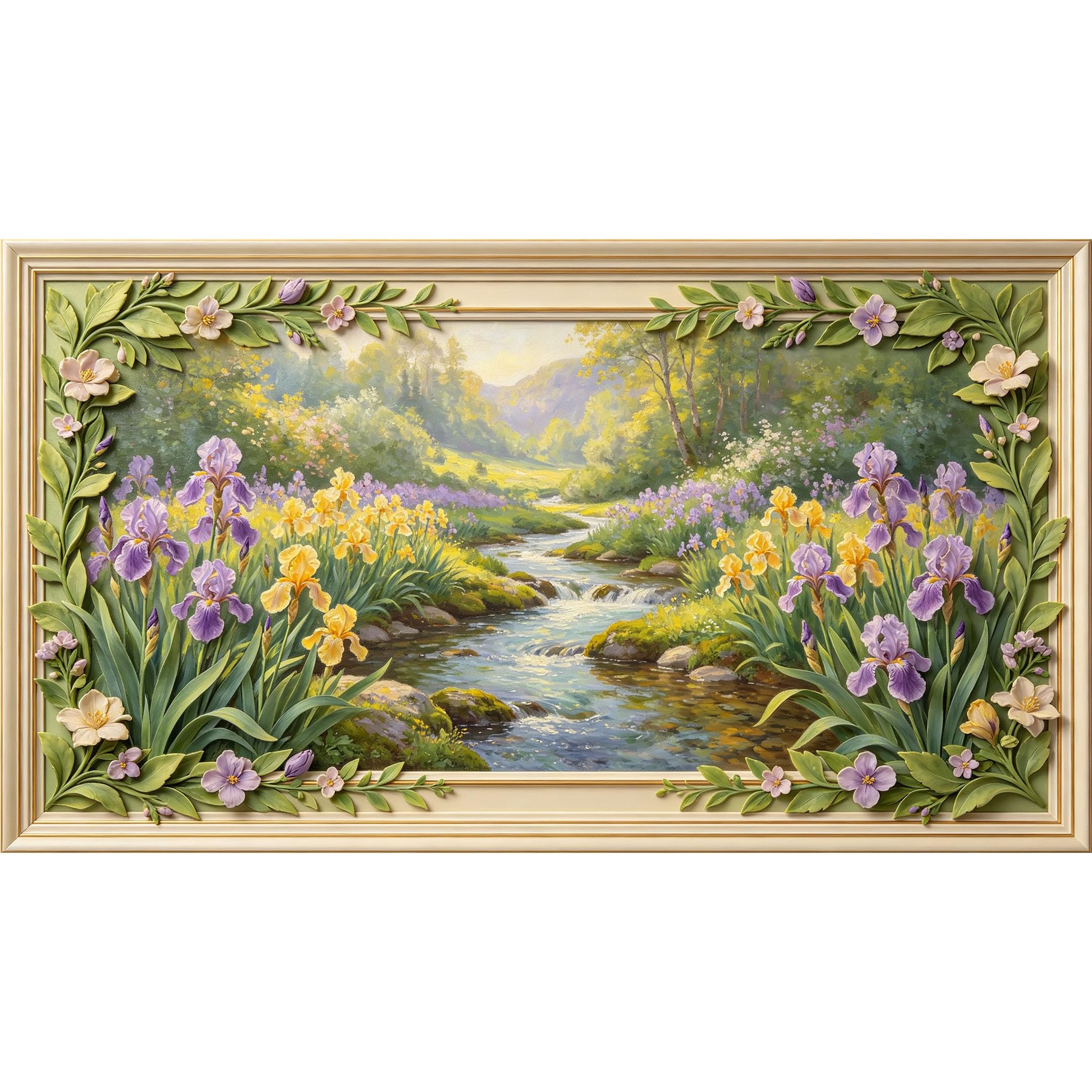 QZLITHOTIC 50x90cm3D Framed Wall Art， Botanical Landscape Iris Floral Stream Valley Self‑Adhesive Mural， Water‑Activated Peel & Stick Fabric Decor Wall Decal for Bedroom Living Room