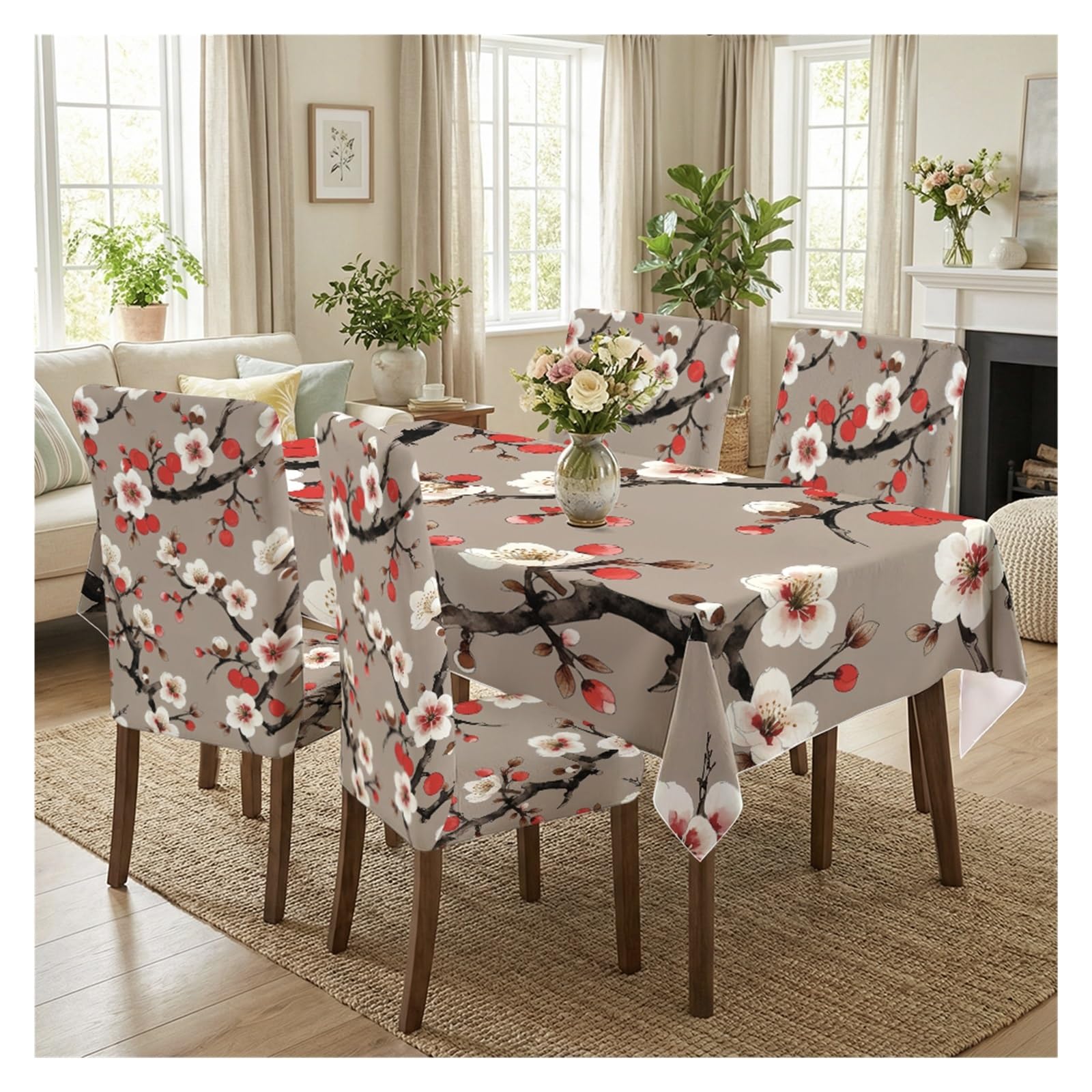 KXUAUV Plum Blossom Print Stretch Dining Chair Covers Tablecloth Set, For Kitchen Dining Living Room Farmhouse Decor, 5/7 Pack Party Decor(5pcs Set: Tablecloth+Chair Covers)