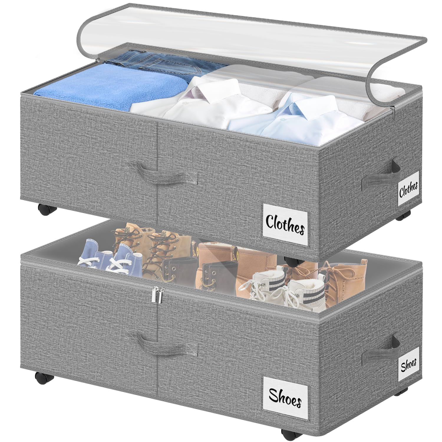 Kukikan Unterbettkommode mit Rollen 360°Drehung, 2 Stück XXL 60L Unterbett Aufbewahrungsbox mit Transparentem Deckel, Schnelle Montage Bettkasten Aufbewahrung für Bettdecken Kleidung, Schuhe & Decken