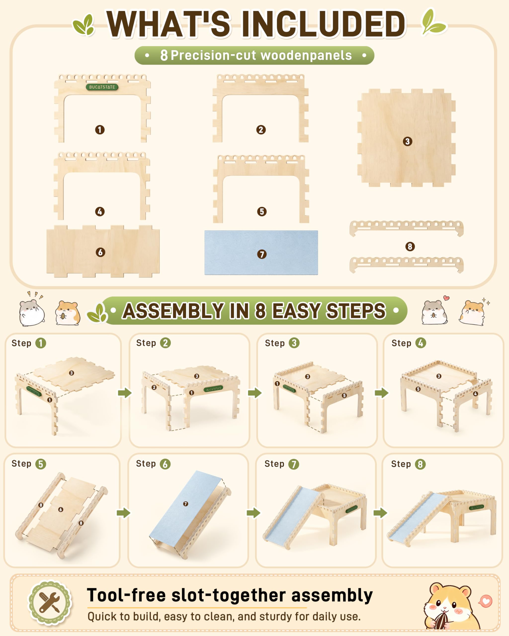 Bucatstate Castillo escondite de hámster de madera natural, fácil de montar y transpirable | Cabaña de madera resistente e impermeable para hámsters enanos sirios, jerbos y ratones.