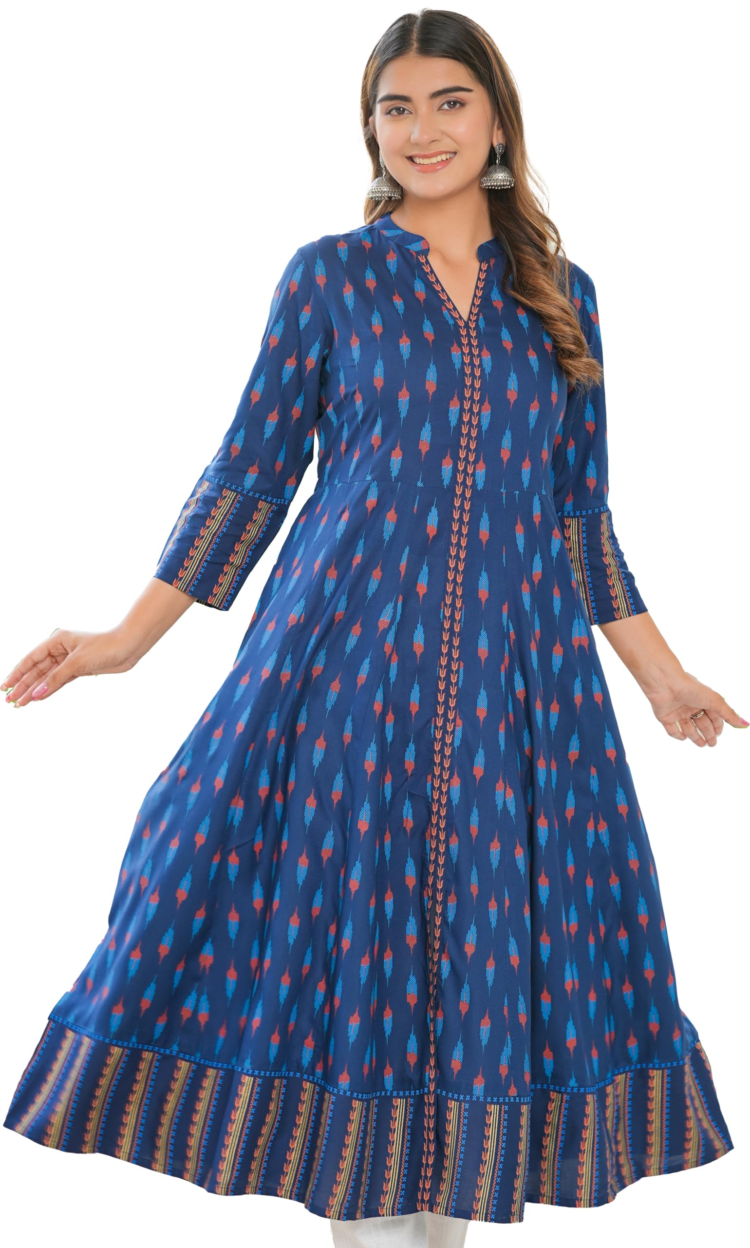 Yash GalleryWomen's Plue Size Rayon Ikat Printed Anarkali Kurta For Summer