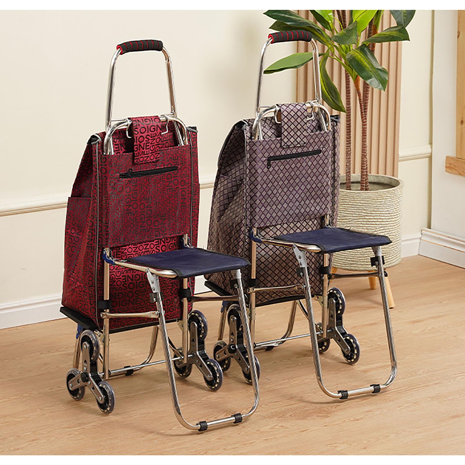 Carrello della Spesa Pieghevole con Sedile Integrato, 6 Ruote per Salire Le Scale, Borsa Portaoggetti Rimovibile, Carretto a Mano Portatile per Spese Quotidiane,Marrone