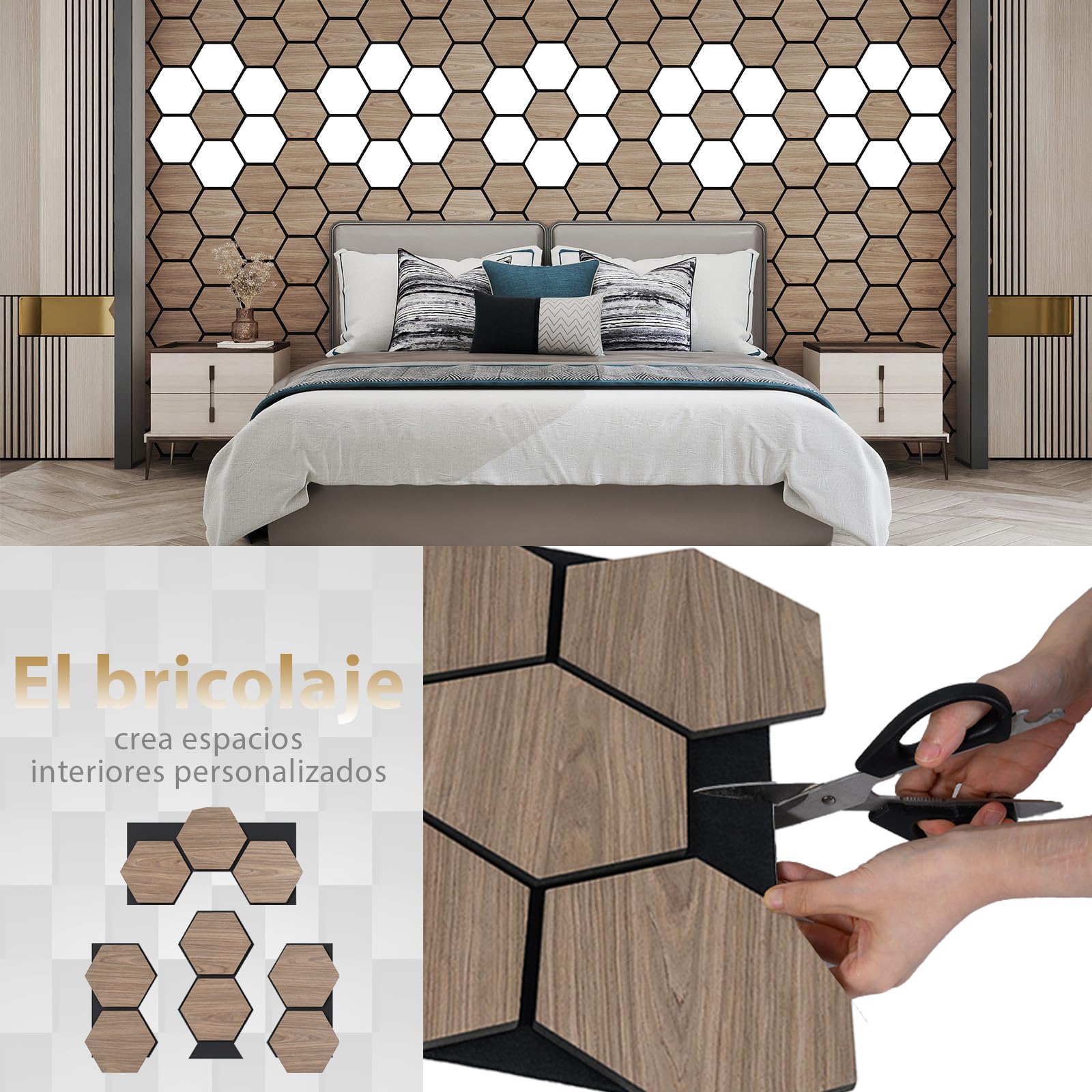 COSTWAY Lote de 4 Paneles Acústicos Decorativos para Paredes, 81 x 66 cm con 9 Tableros Hexagonales de Madera, Paneles Insonorizantes para Paredes para Estudios, Oficinas, Dormitorios, Salones