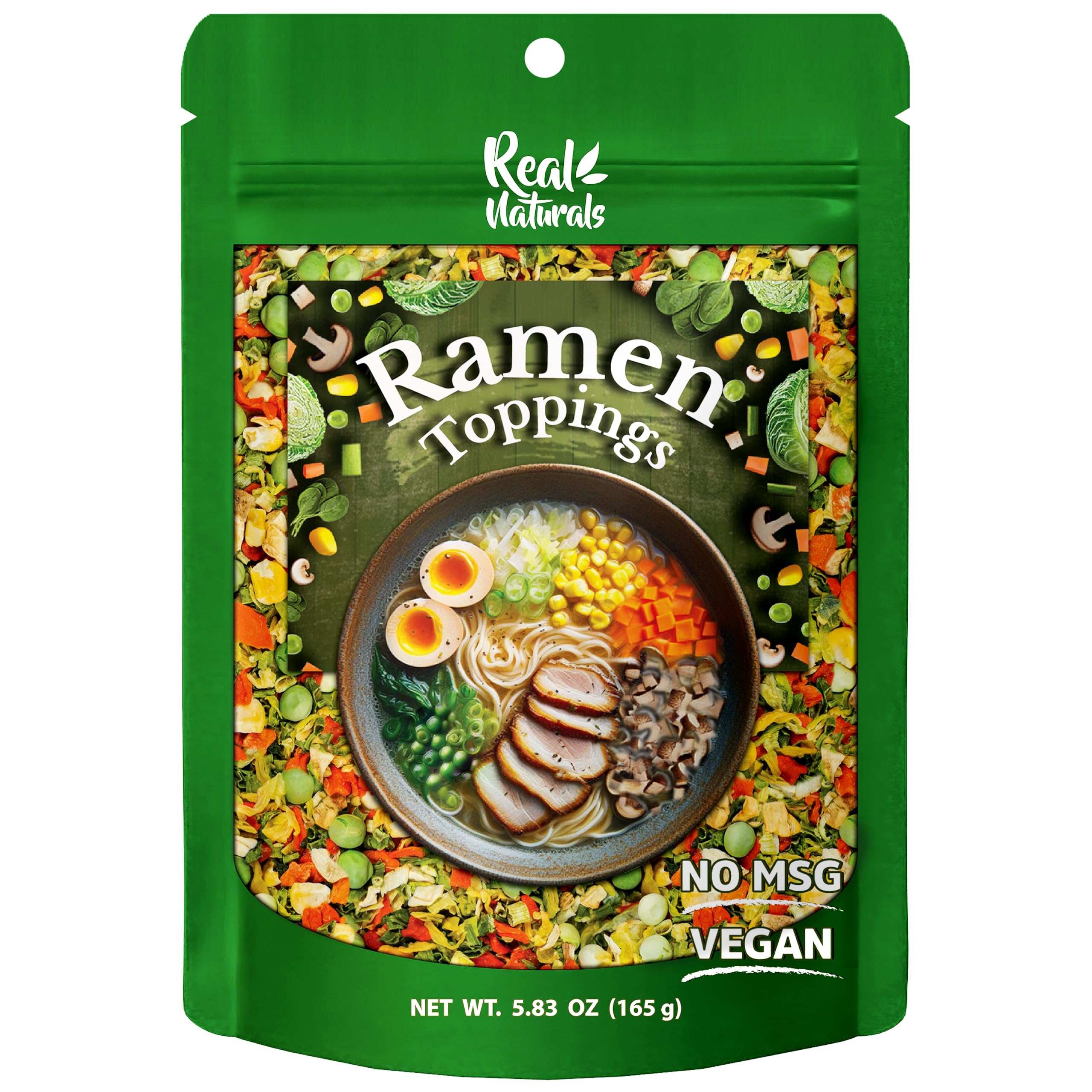 Dried ramen toppings. Dehydrated vegetables for ramen topper include Cabbage, Spinach, Chive, Carrot, Corn, Greenpea & Shitake mushrooms. (5.83oz mixed vegetables)
