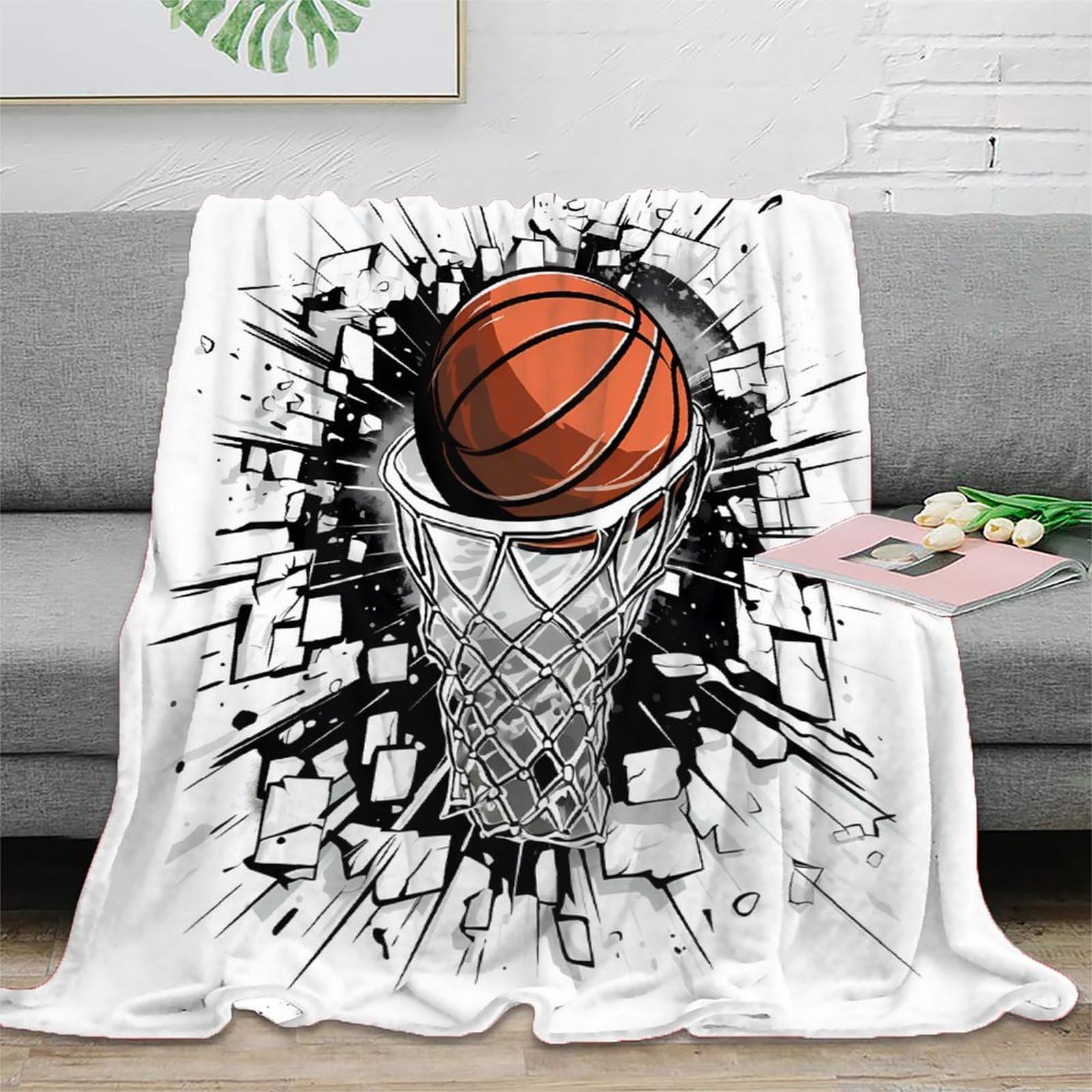 Plaid basket 3D couverture microfibre sport 150x200cm pour lit et canapé