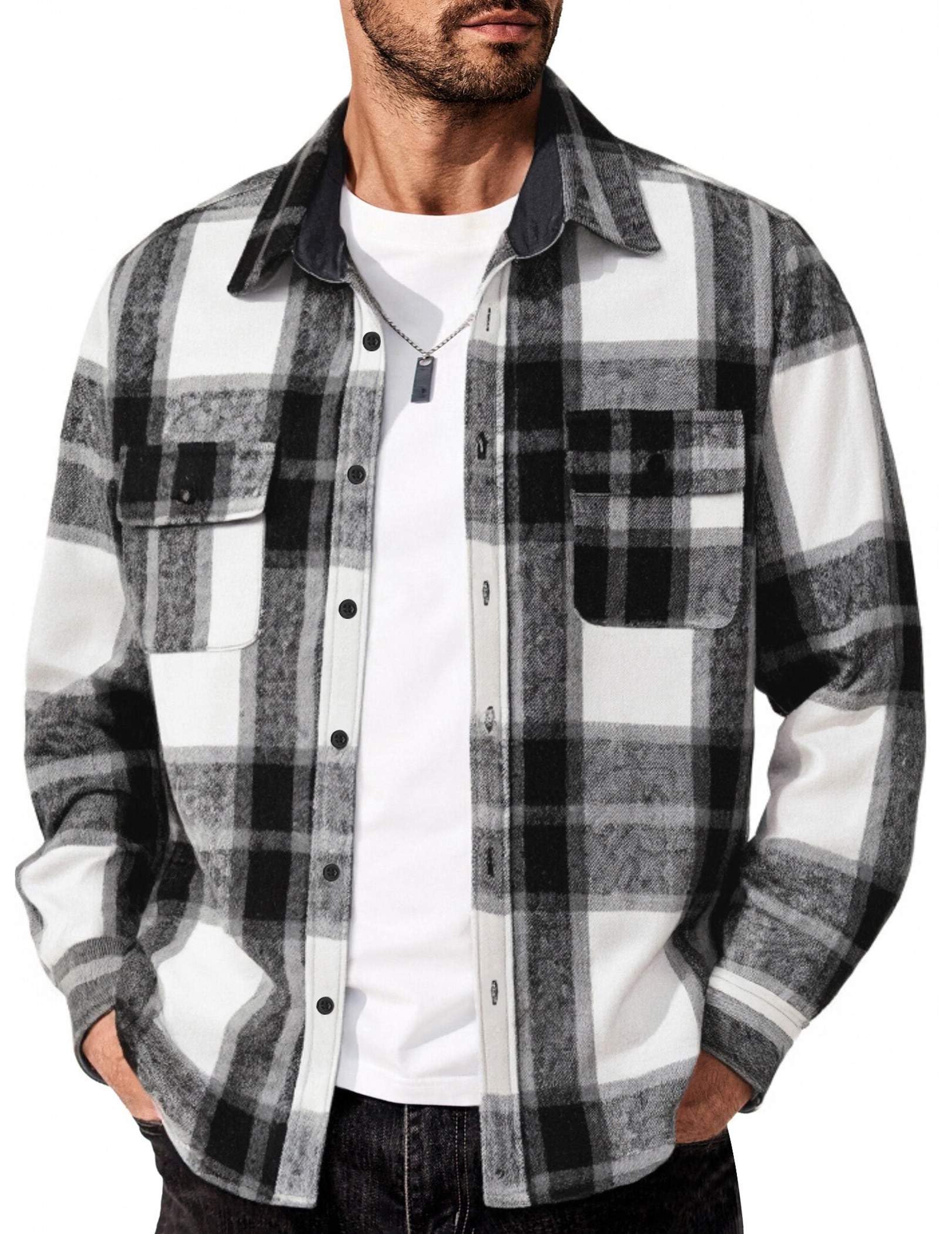 Men's Flannel Shirts Long Sleeve Cotton Plaid Shirt Jacket Casual Button Down Shirt with Pockets