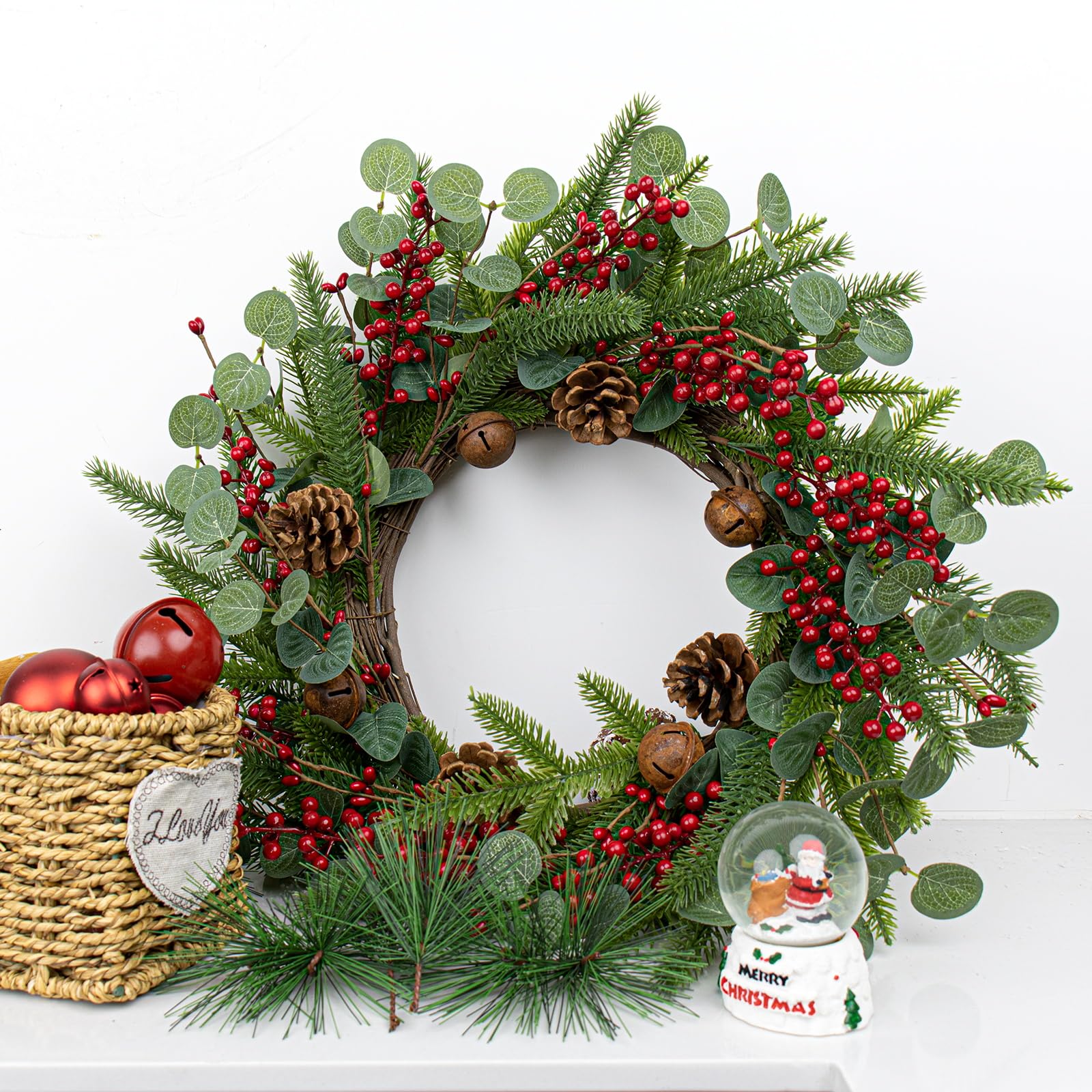 Yawwind Artifical Christmas Door Wreath 22 Inches Christmas Wreaths for Front Door Rustic Winter Wreath with Evergreen Pine Needle Pinecone Red Berries for Wall Porch Window Holiday Indoor Outdoor