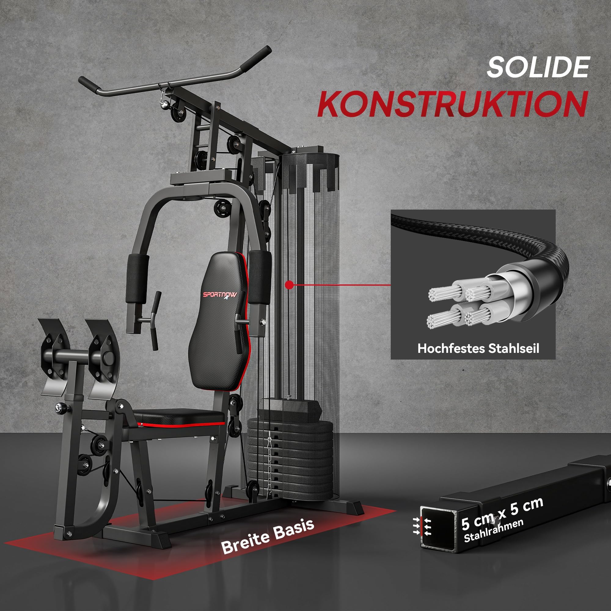 SPORTNOW Kraftstation, Multifunktionale Fitnessstation mit Latzug- & Butterflystange, Beinpresse, Fitnessgerät mit 45 kg Gewichtsblöcken für Zuhause, Schwarz