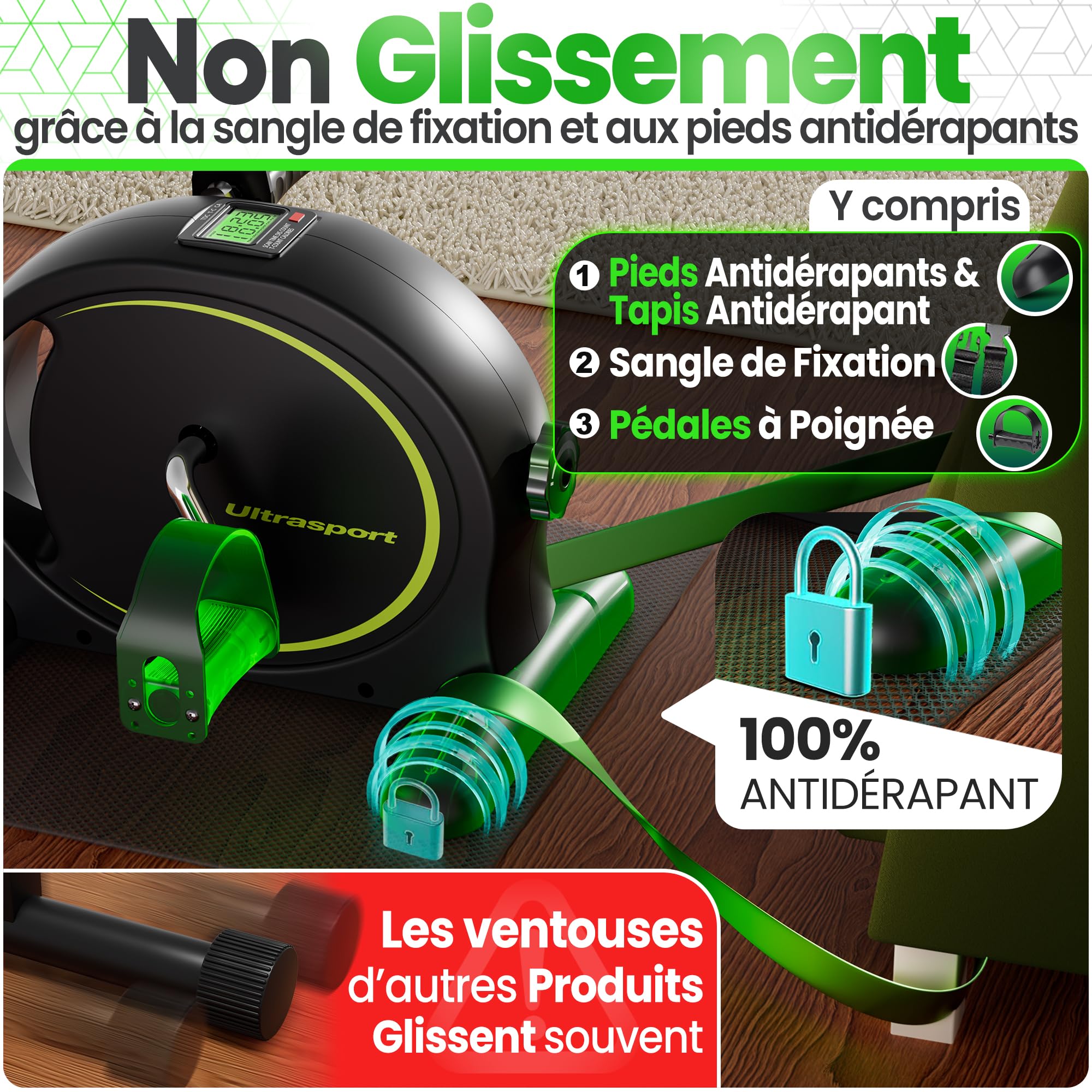 Ultrasport Mini Vélo d'Appartement avec Écran LCD, Tapis Antidérapant et Sangle de Fixation