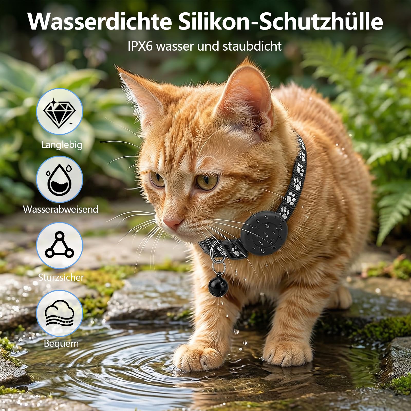 Katze GPS Tracker Kompatibel mit iOS ＆ Android, Katzen Halsband Tracker Ohne ABO, GPS-Tracker für Haustierhalsbänder, IPX6 Wasserdicht, Geeignet für Katzen, Hunde und andere kleine Haustiere - Schwarz