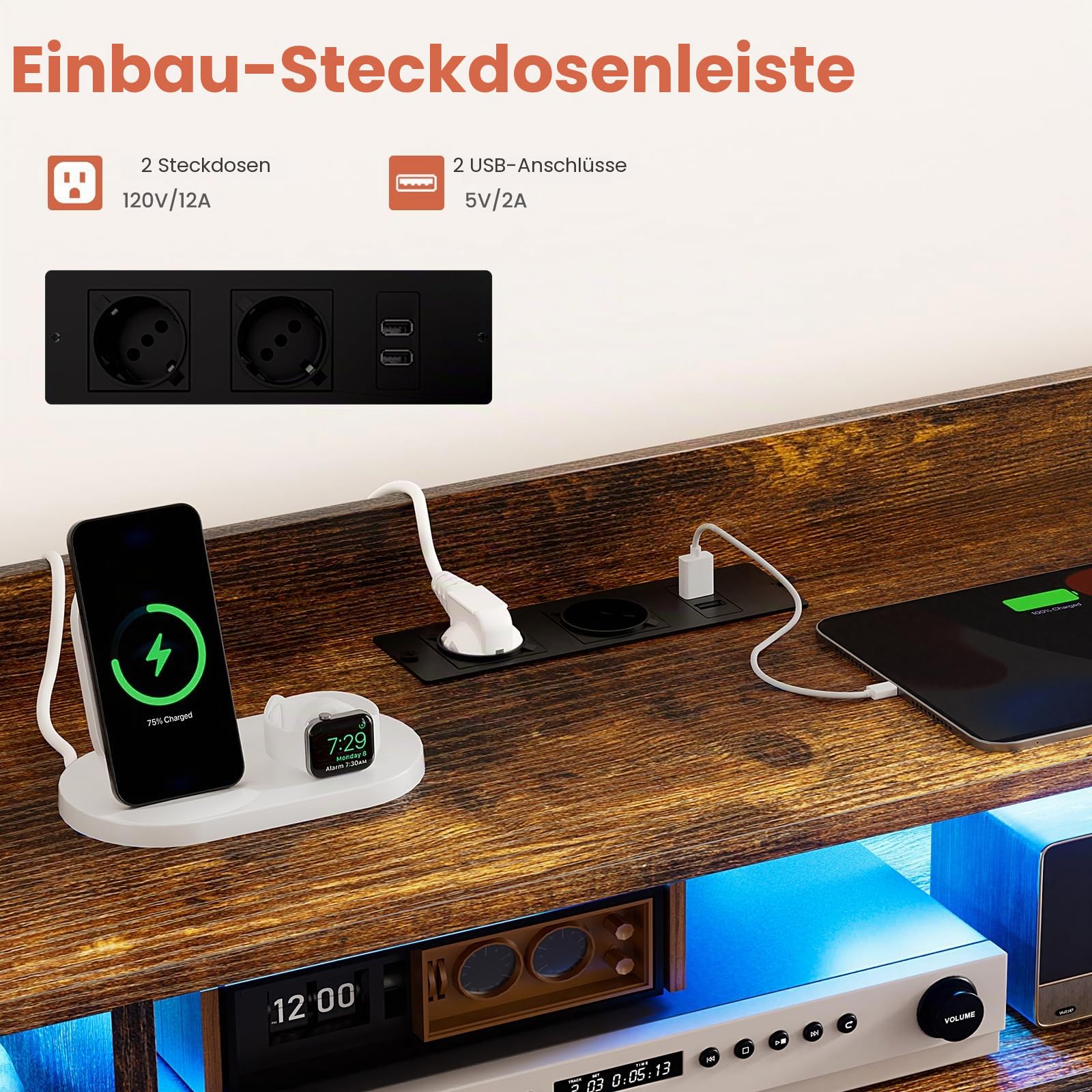 Kommode mit Ladestation und LED-Beleuchtung, TV-Kommode mit 9 Stoffschublade, Aufbewahrungsschrank mit Holzplatte für Schlafzimmer, Wohnzimmer, Flur, Rustikbraun