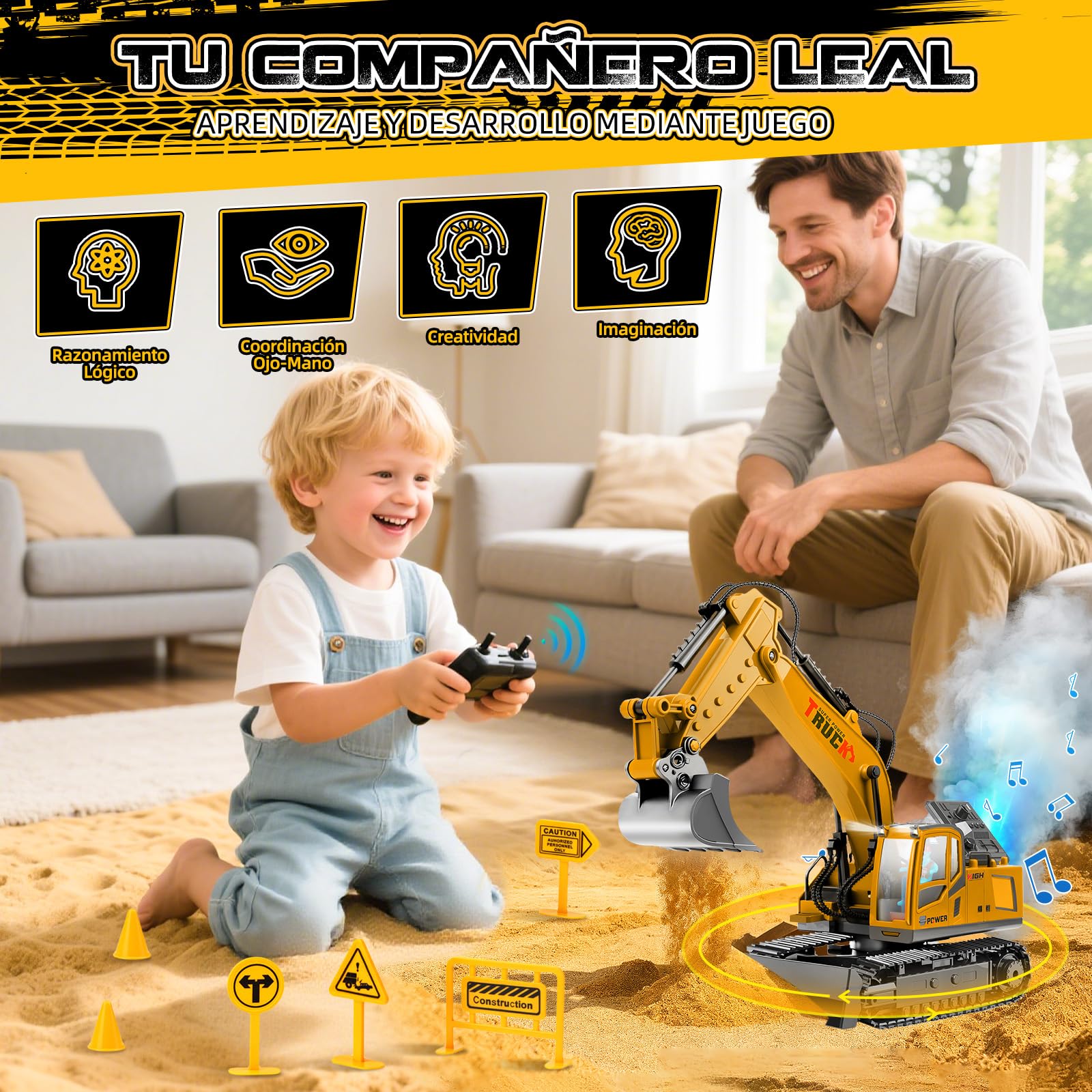 Excavadora Teledirigido, 17 Canales Excavadora RC para Niños Escavadoras Juguetes con Pala metálica, Conductor, Pulverizador, Luces y Sonido, Juguete Construcción Regalo Niño 3+ Años (2,4GHz)