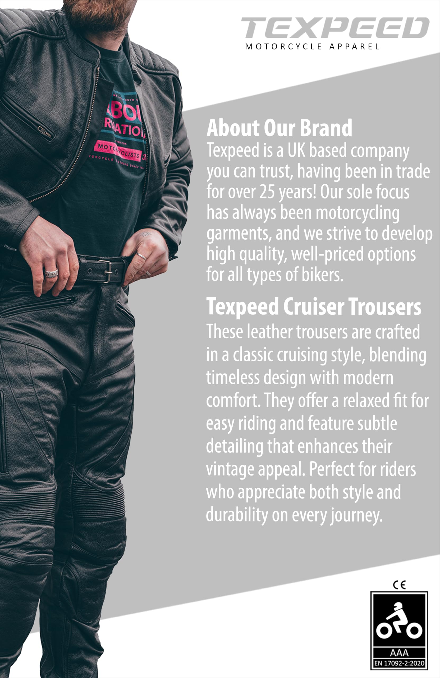 Texpeed Pantalones de moto cuero - Hombre Motocicleta turismo para motocicletas de con auténtica protección de armadura de motociclista CE (EN 1621-1) Negro - (L Cintura/Pierna Largo)