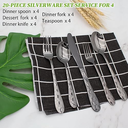 Miniatura 10 de Juego de cubiertos martillados de 20 piezas, cubiertos de acero inoxidable 1810, servicio para 4, diseño único, juego de cubiertos de cuchillos,