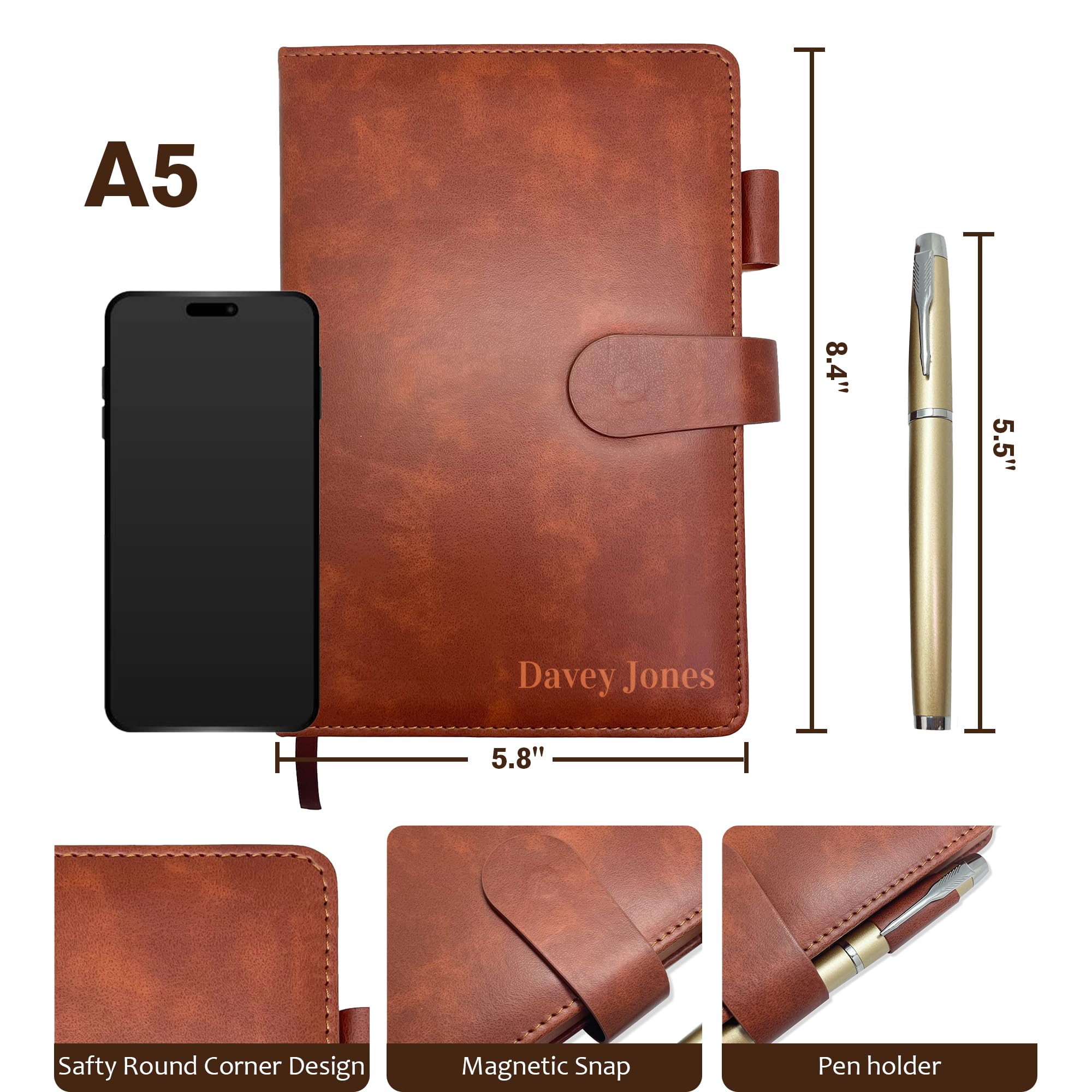 Personalized Notebook with Pen and Gift Box, Custom Text Leather Journal, Gifts for Women Men, Engraved Journals To Write In, Birthday, Best Friend, Mom, Sister, Corporate, Business Gift (Text-Brown)